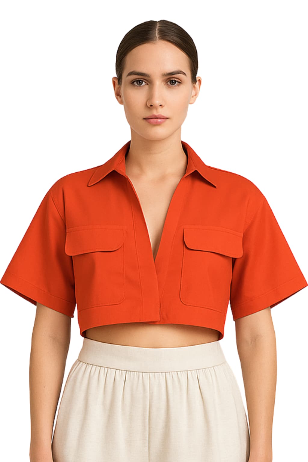 Women’s Cropped Shirt with Flap Pockets Short Sleeve