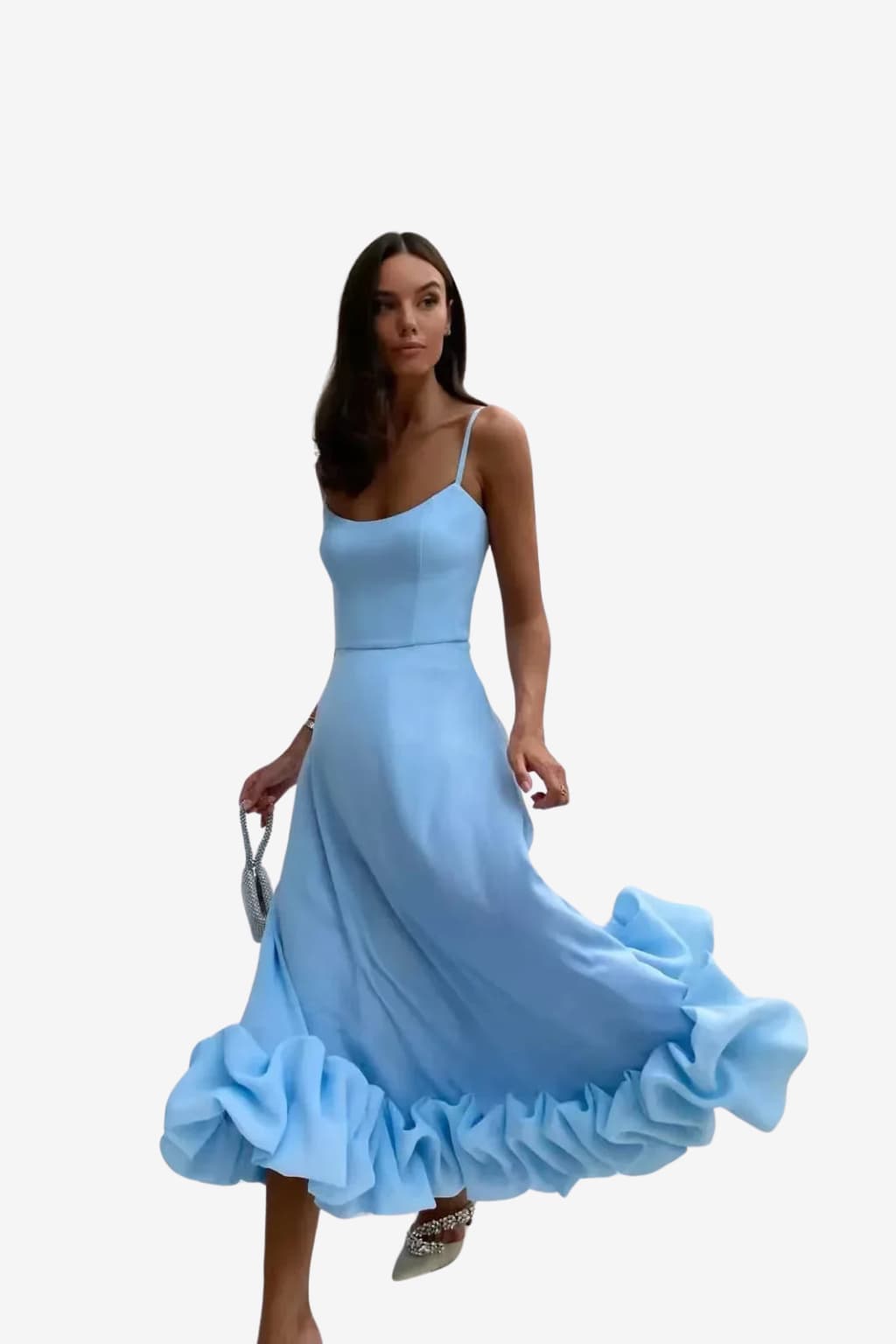 Women's Midi Dress with Spaghetti Straps and Ruffled Hem