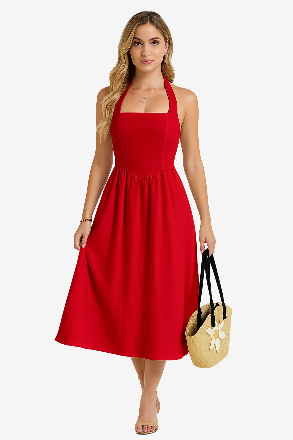 Women's Cotton Linen Halter Midi Dress - Sleeveless A-Line Fit for Summer