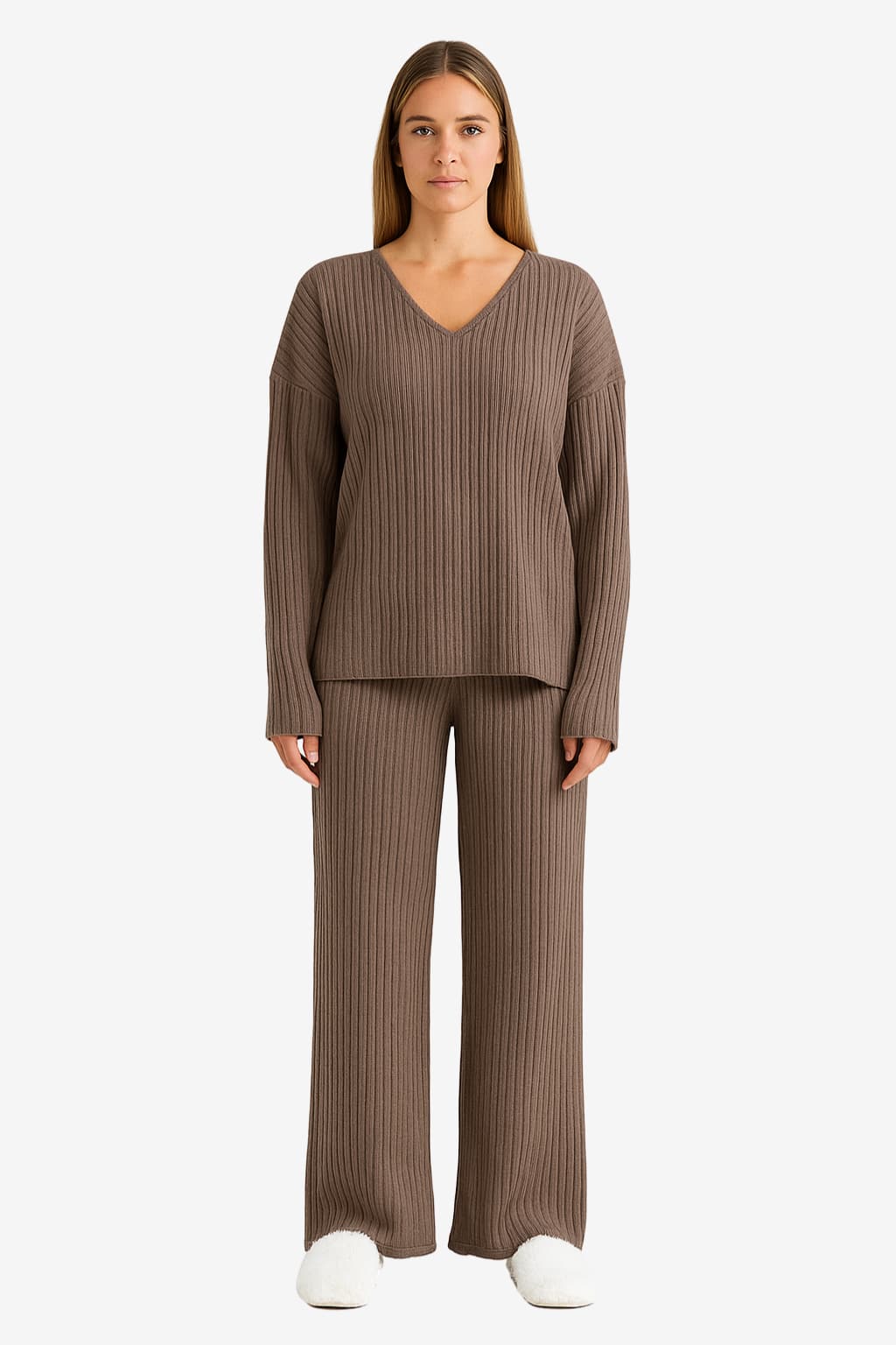 Women’s Ribbed Knit Lounge Set V-Neck Top Trousers