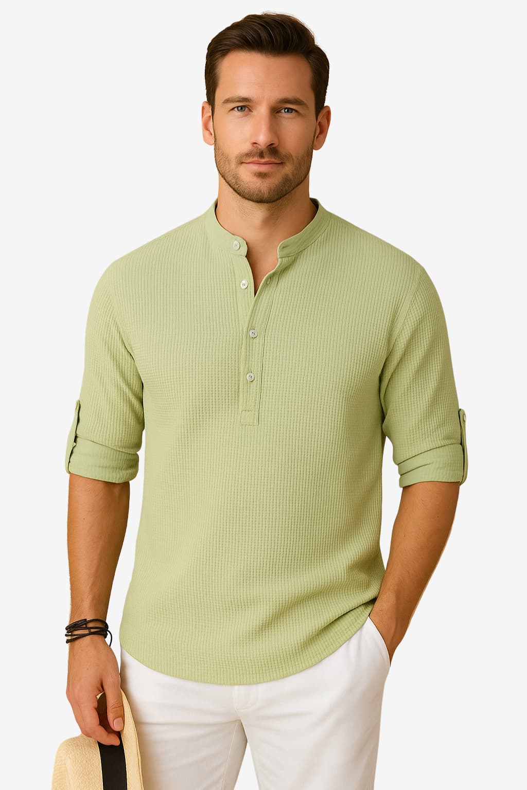 Men’s Linen Blend Shirt Long Sleeve Band Collar Casual