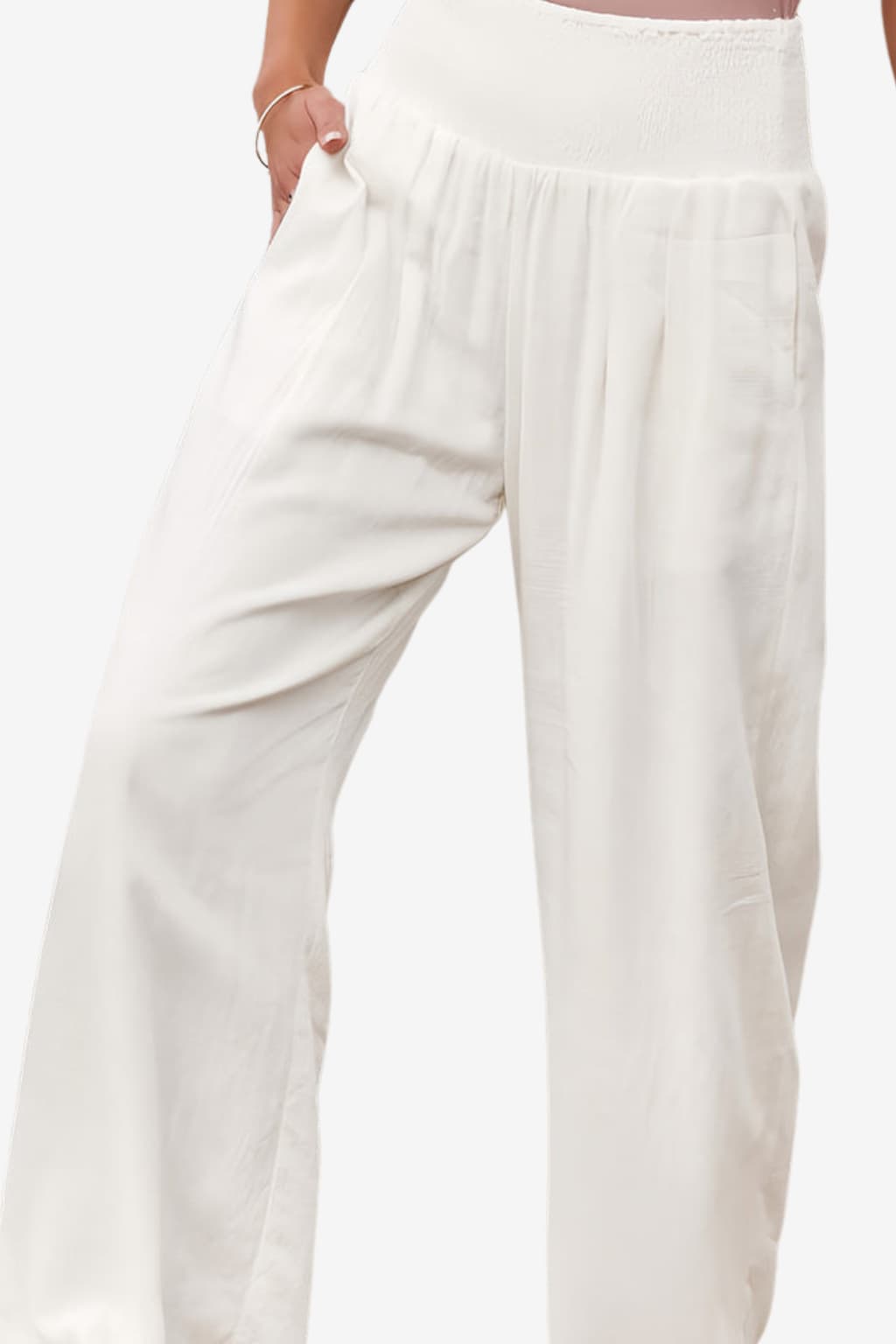 Women’s Wide Leg Linen Trousers - Elastic Waist Summer Fit