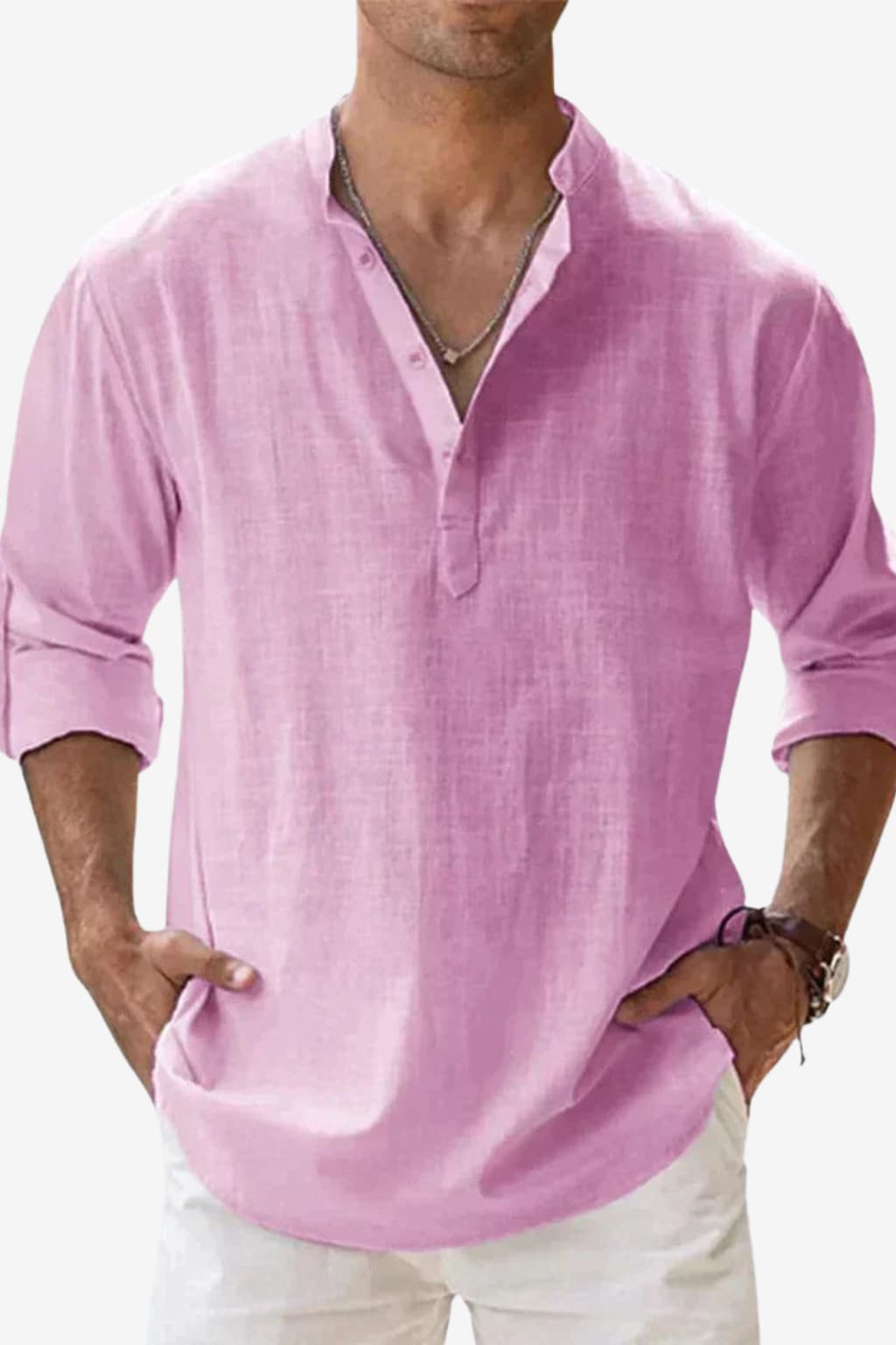 Men's Long - Sleeve Henley Shirt Purple Mandarin Collar