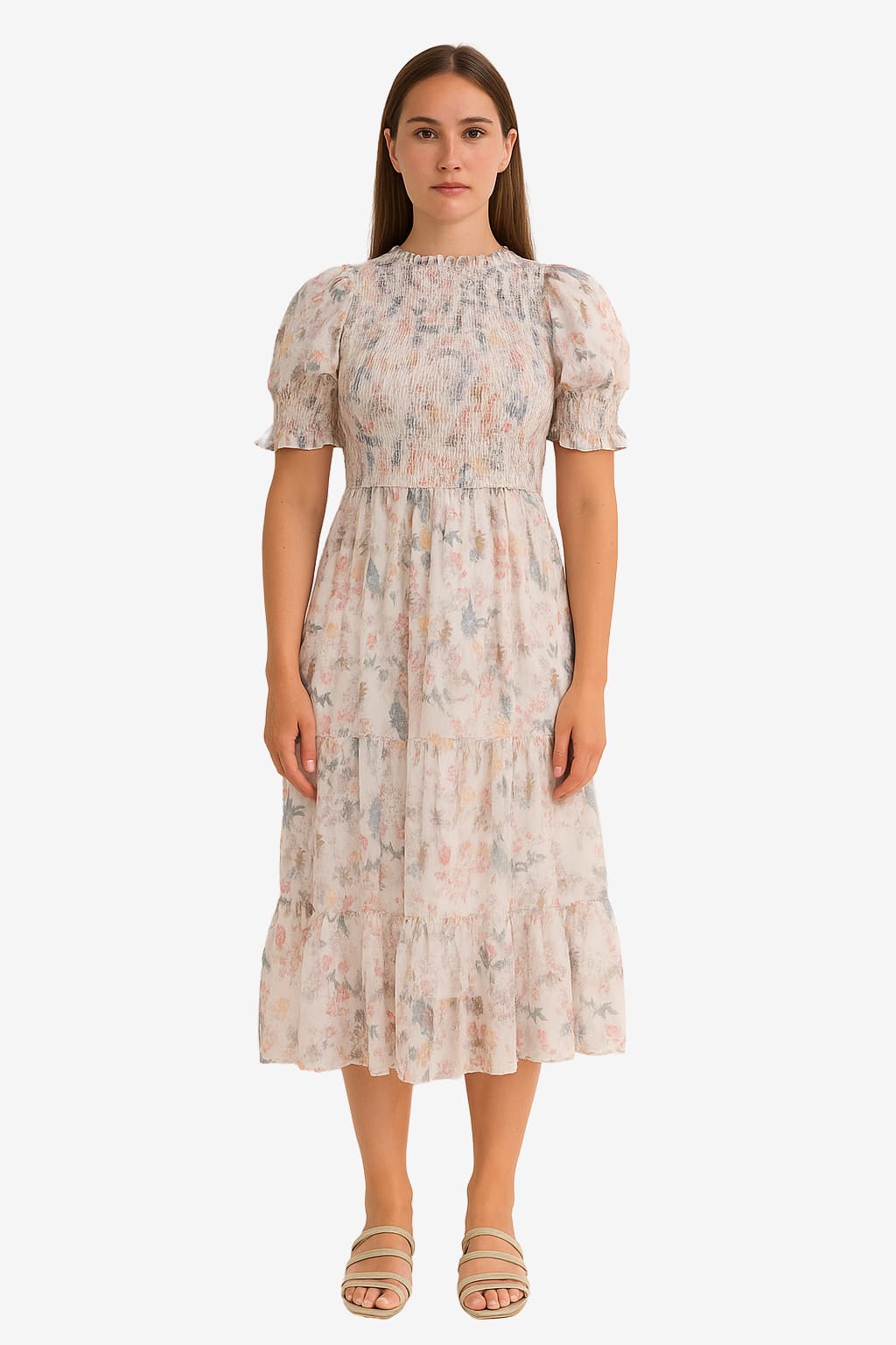 Women's Floral Midi Dress with Smocked Bodice