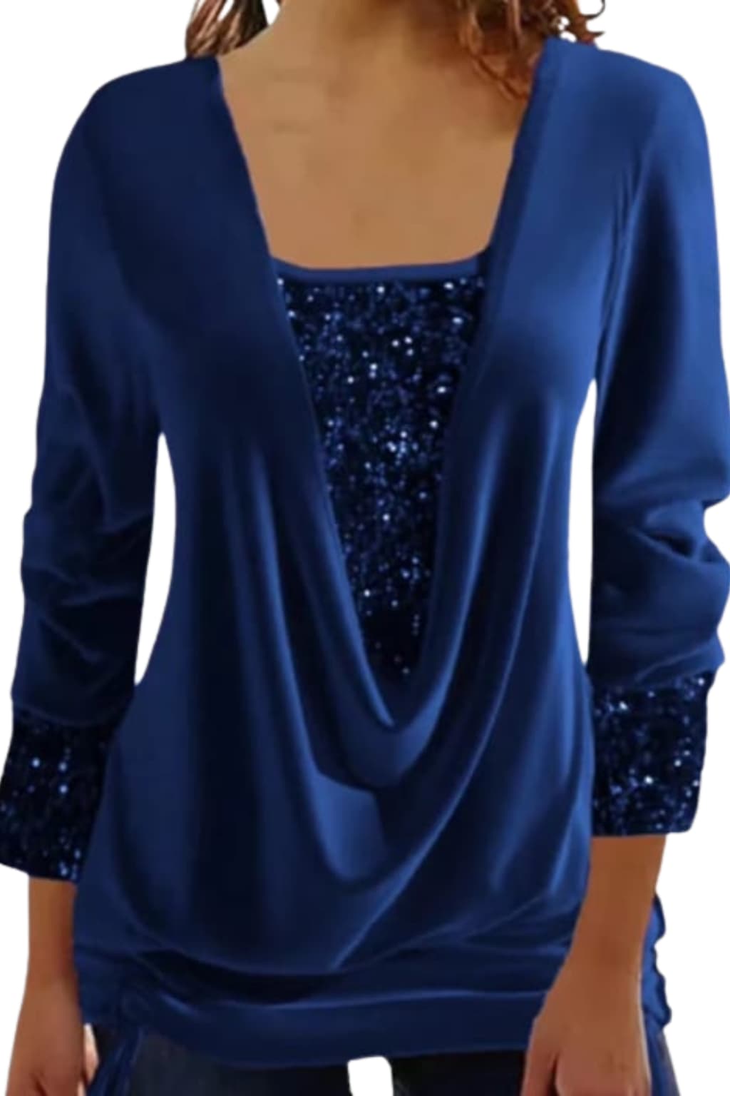 Women's Elegant Sleeve Draped Neckline Sequin Blouse