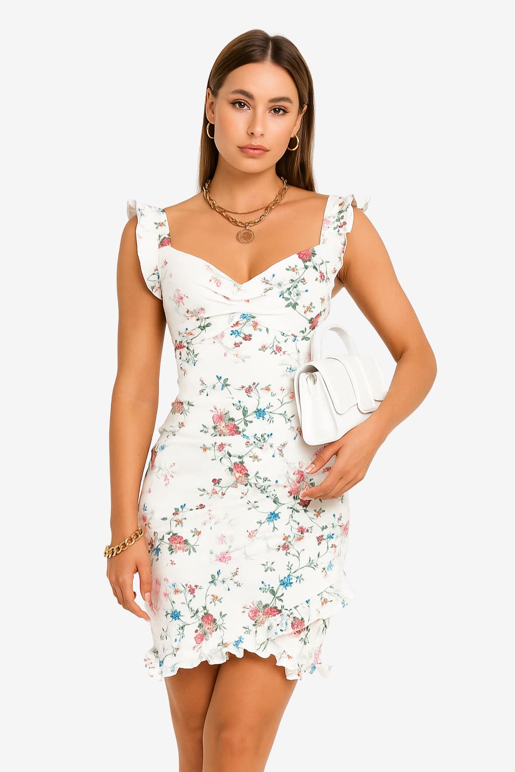 Women’s Floral Mini Dress with Ruffle Straps &amp; Hem