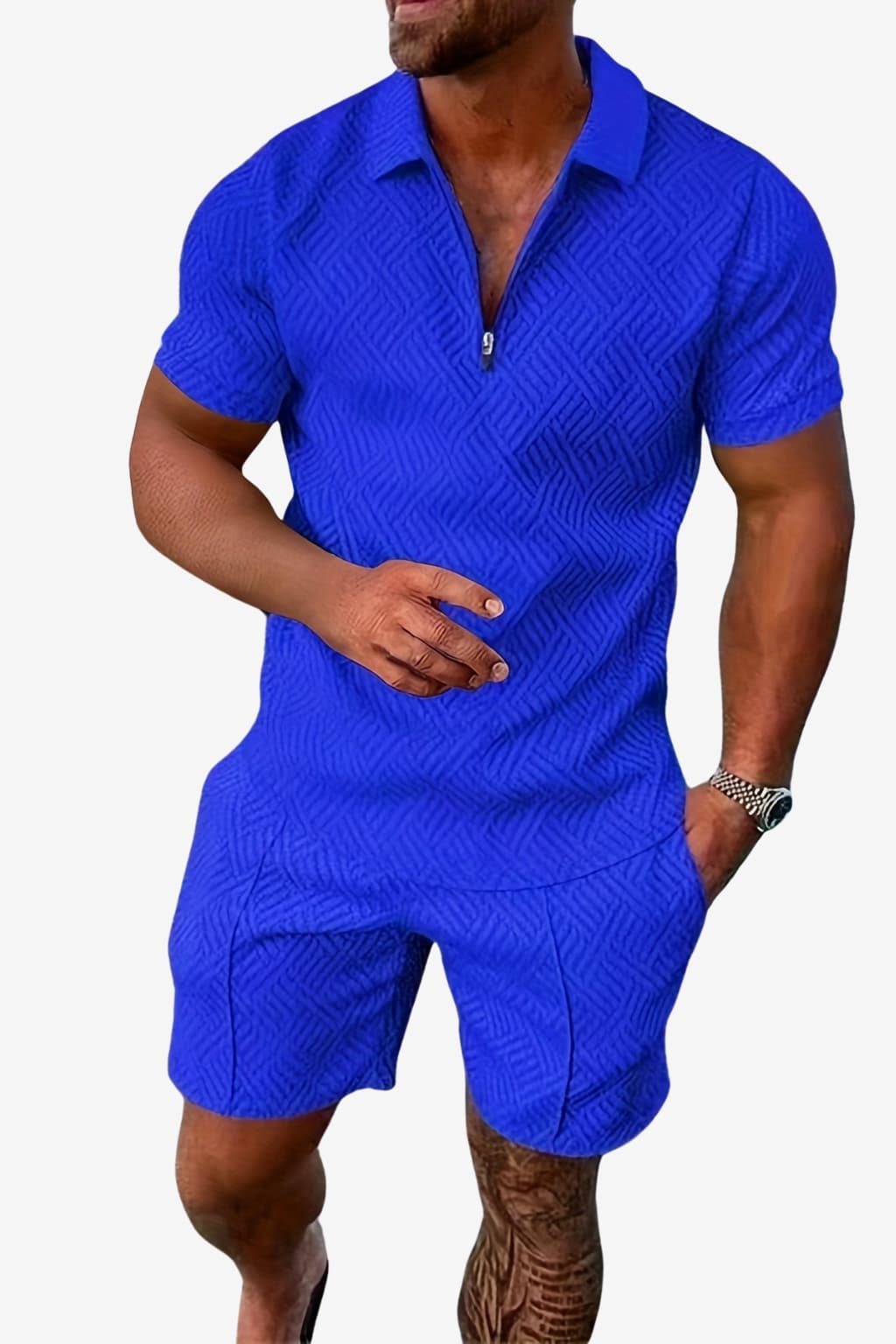 Men’s Summer Short Set Zip-Up Top Geometric Print