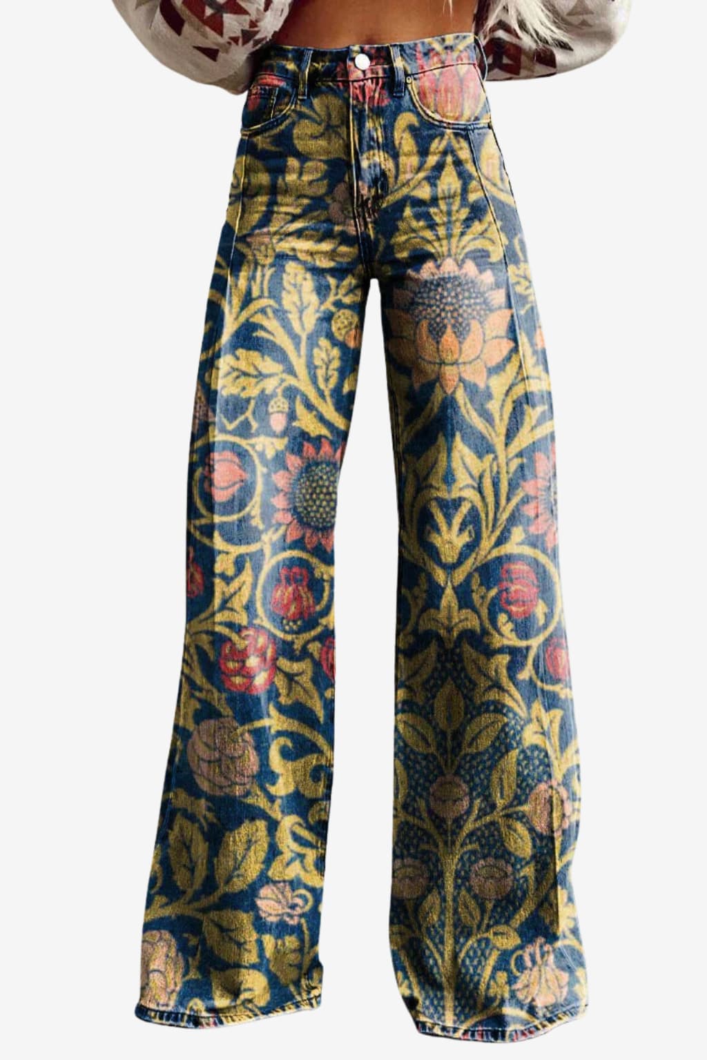 Women's Vintage Daisy Print Wide-Leg Trousers High-Waisted
