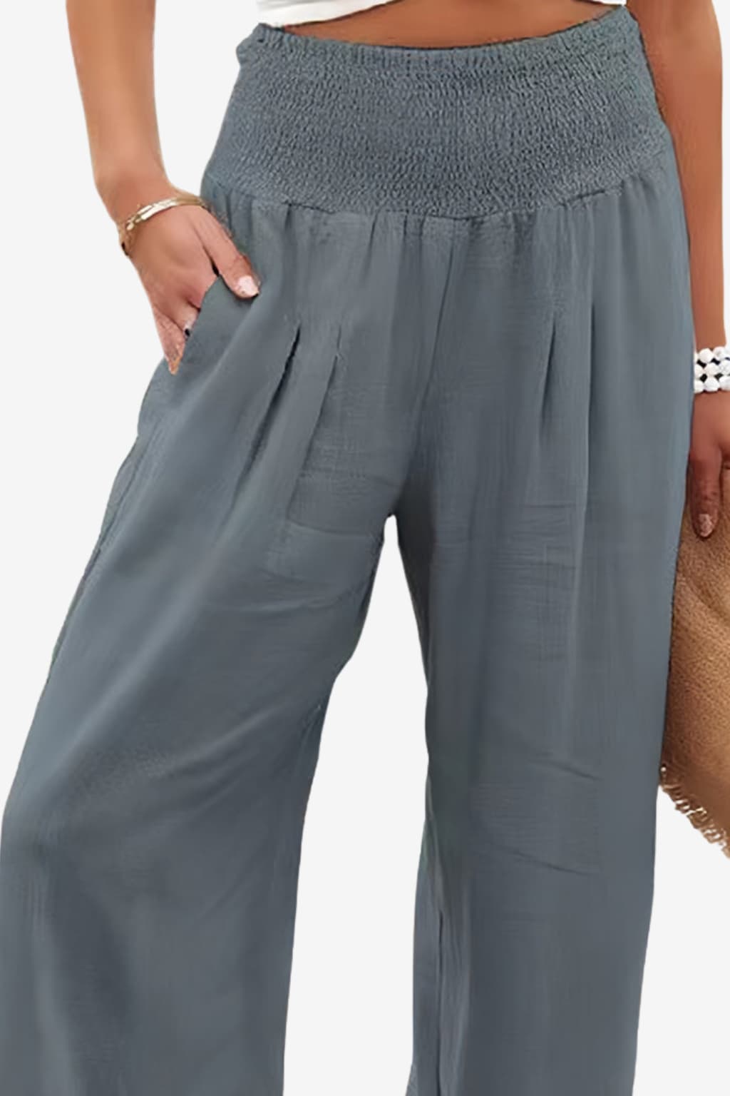 Women’s Wide Leg Linen Trousers - Elastic Waist Summer Fit