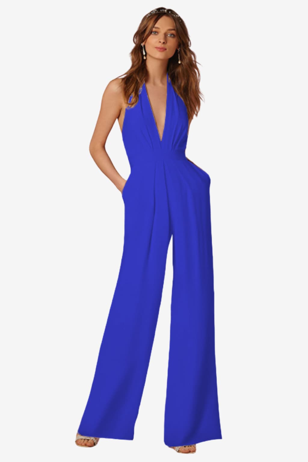Women's Halter Neck Wide Leg Jumpsuit with Belt