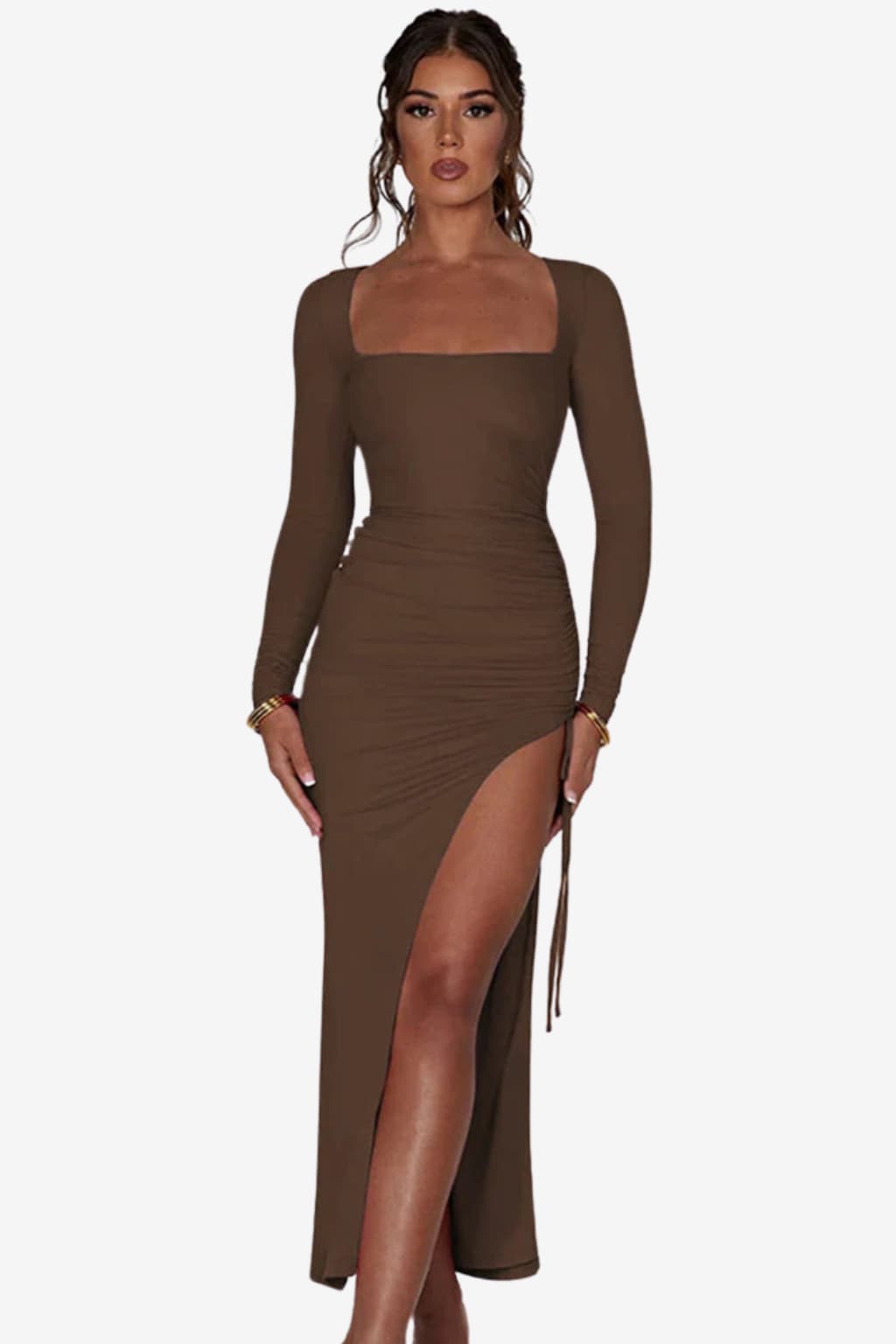 Women's Long Sleeve Maxi Dress with Asymmetrical Split