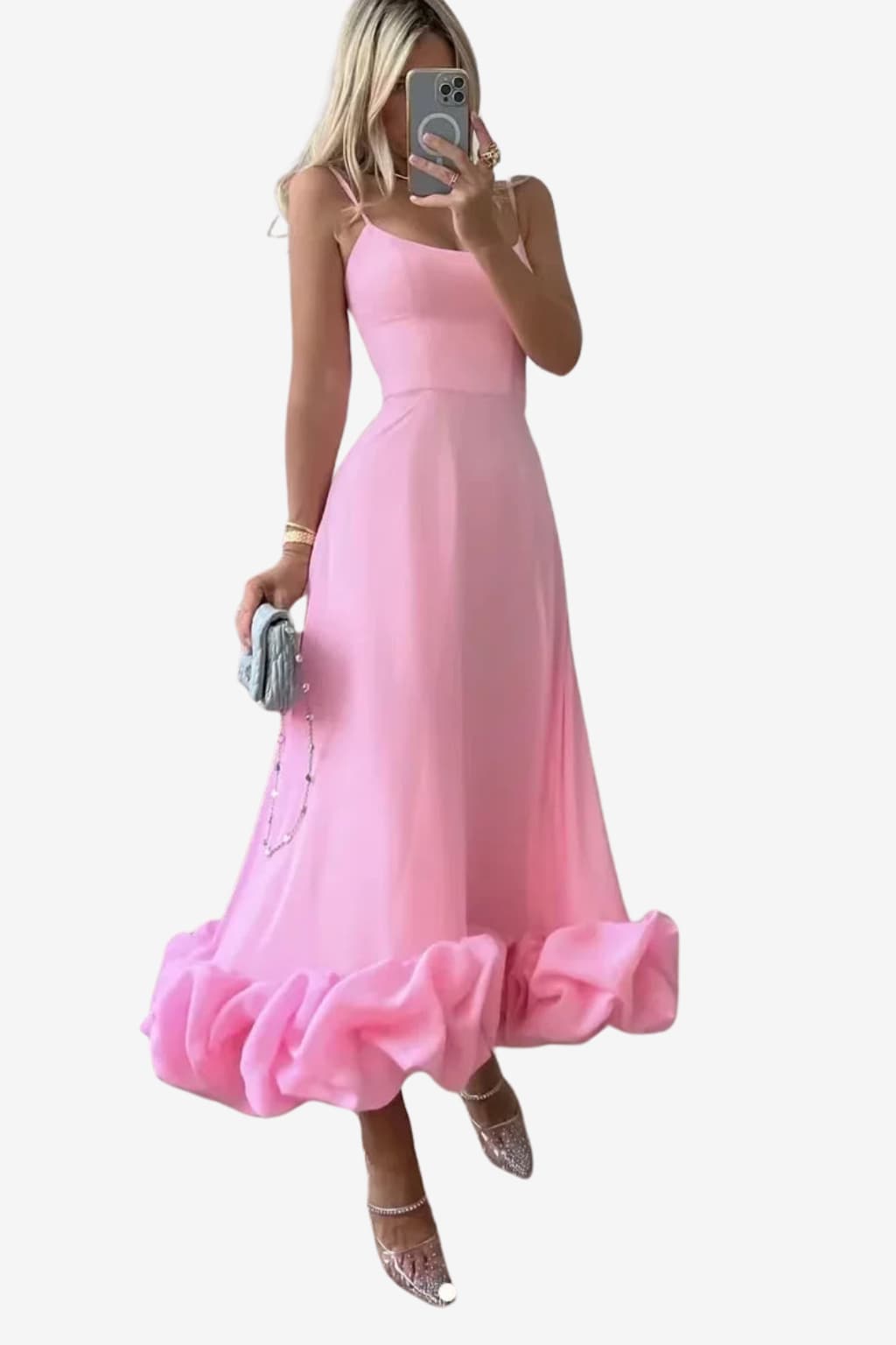 Women's Midi Dress with Spaghetti Straps and Ruffled Hem