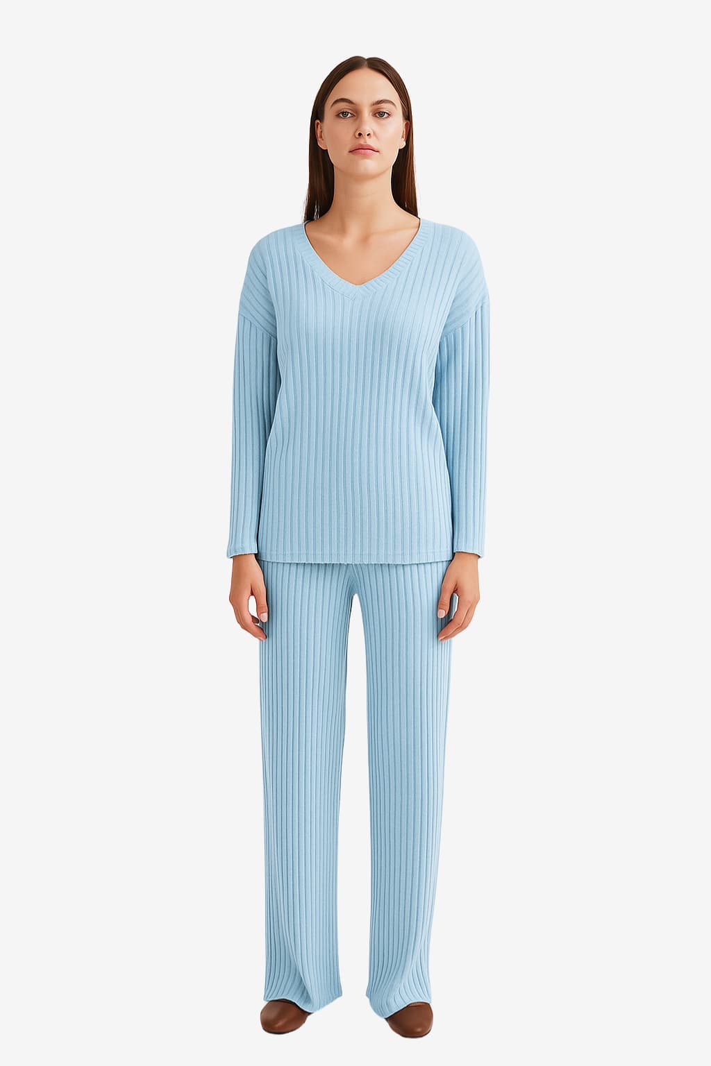 Women’s Ribbed Knit Lounge Set V-Neck Top Trousers