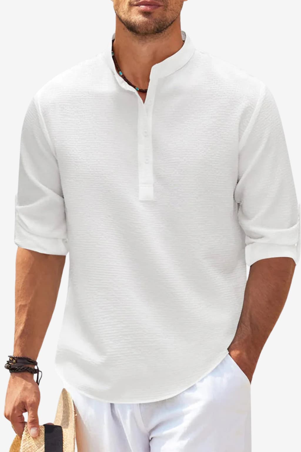 Men’s White Long Sleeve Linen Shirt Casual Fit