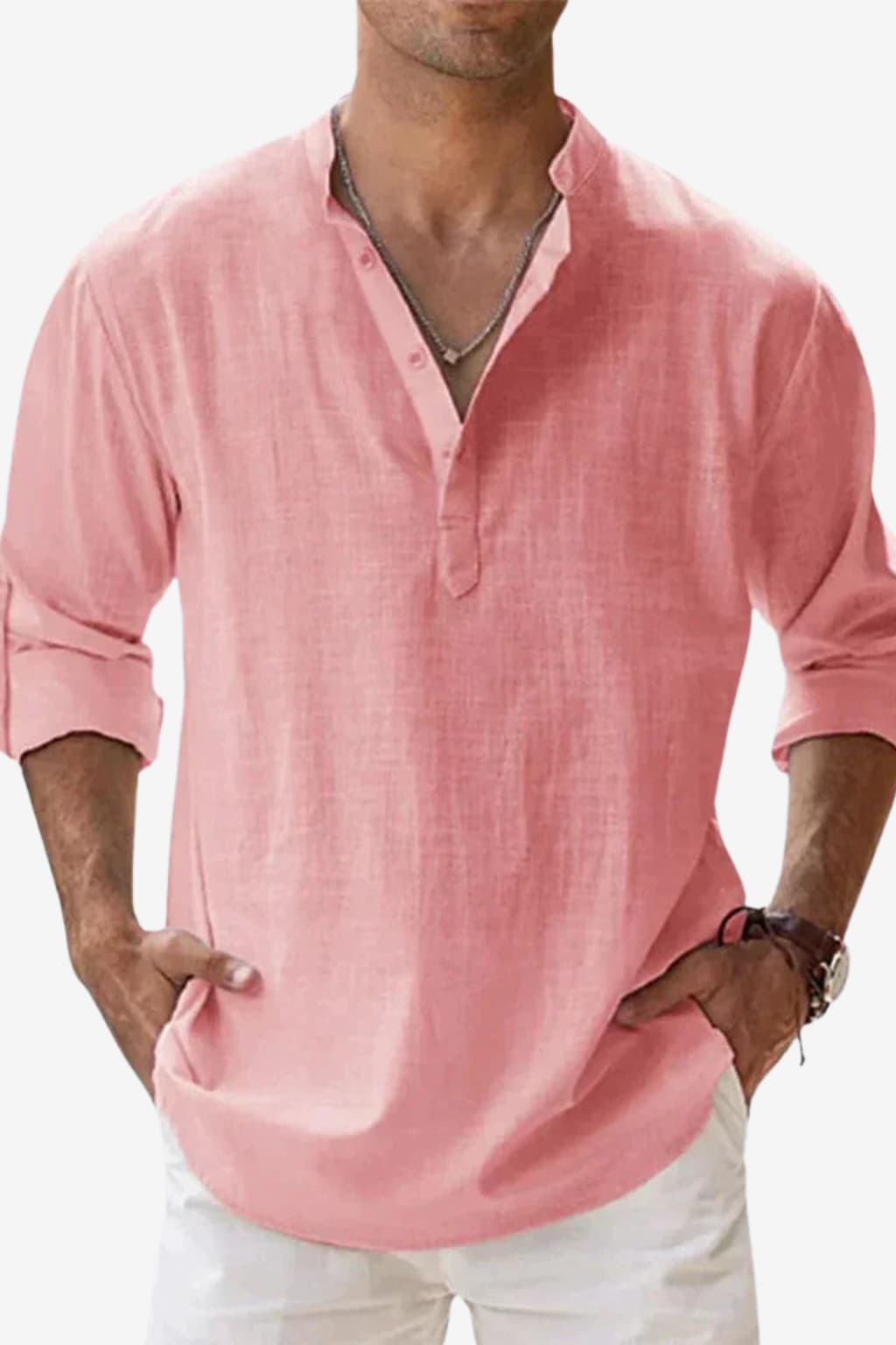 Men's Long - Sleeve Henley Shirt Purple Mandarin Collar