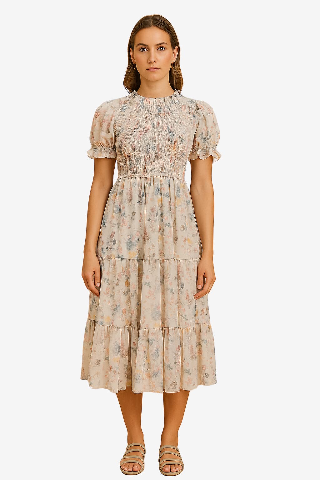 Women's Floral Midi Dress with Smocked Bodice