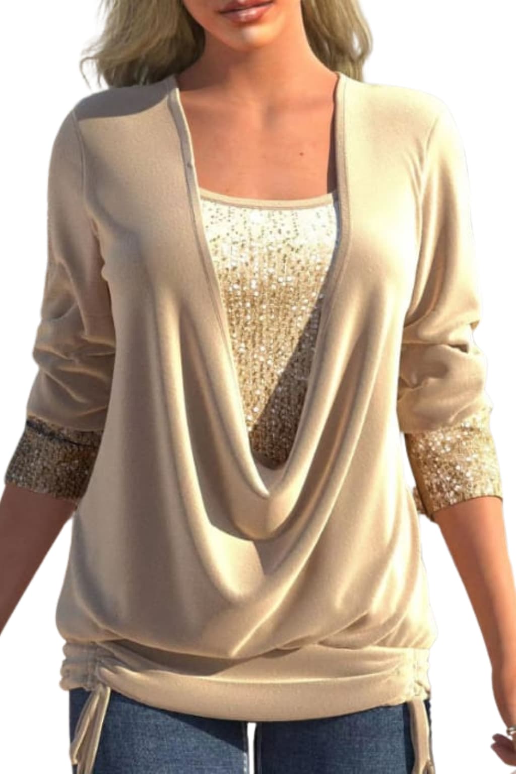 Women's Elegant Sleeve Draped Neckline Sequin Blouse
