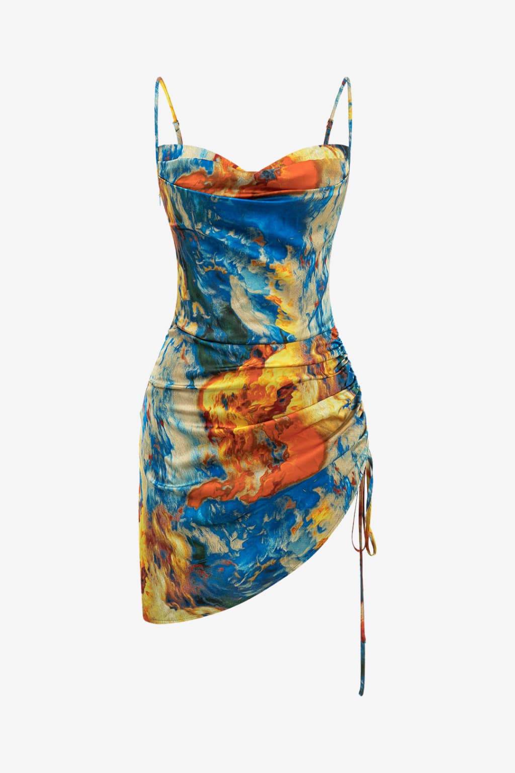 Women’s Ruched Satin Mini Dress Watercolour Print Slip