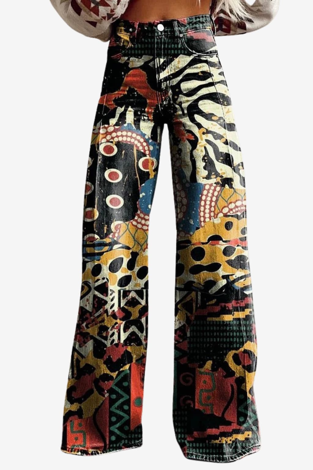 Women's Vintage Daisy Print Wide-Leg Trousers High-Waisted