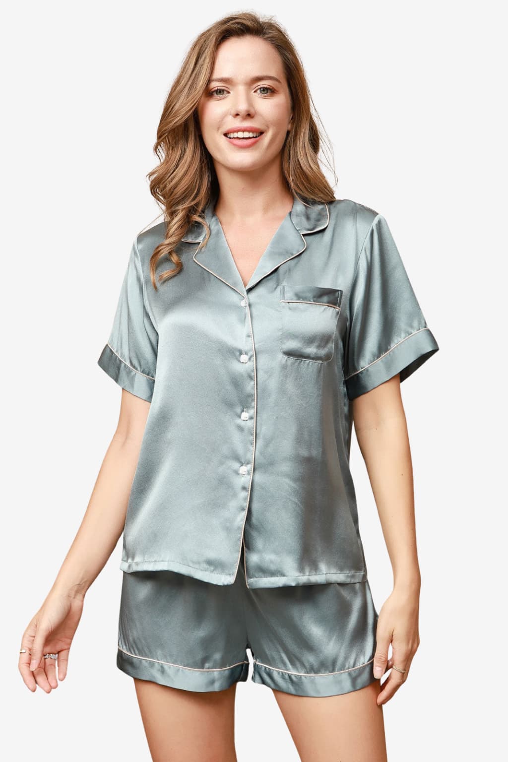 Women's Satin Short-Sleeve Pyjama Set with Notched Collar