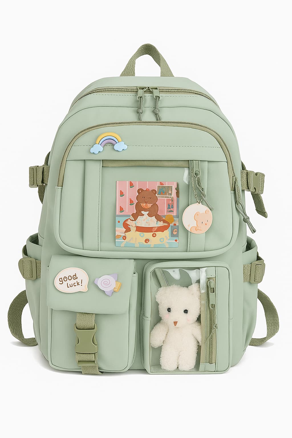 Women’s Nylon Backpack with Pockets and Plush Charm