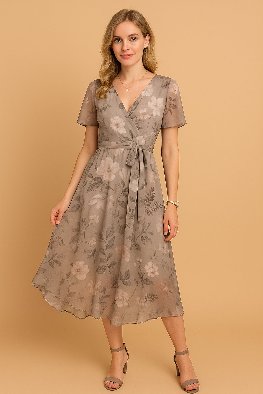 Women's V-Neck Midi Dress - Elegant A-Line Style