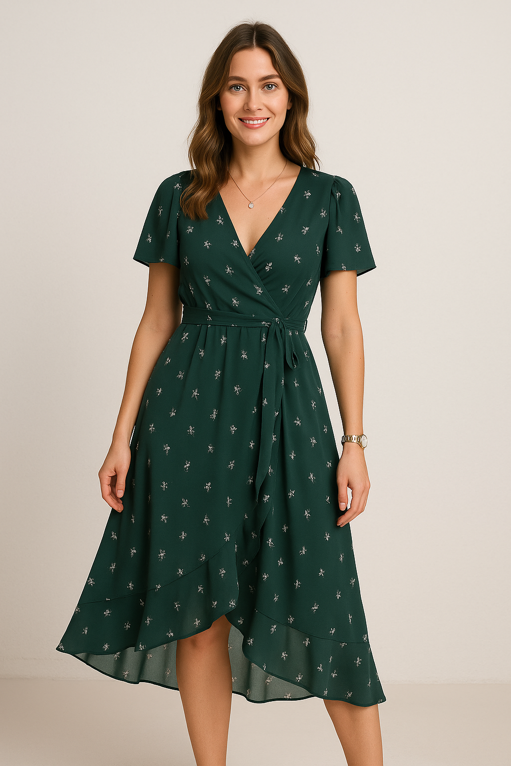 Women's V-Neck Midi Dress - Elegant A-Line Style