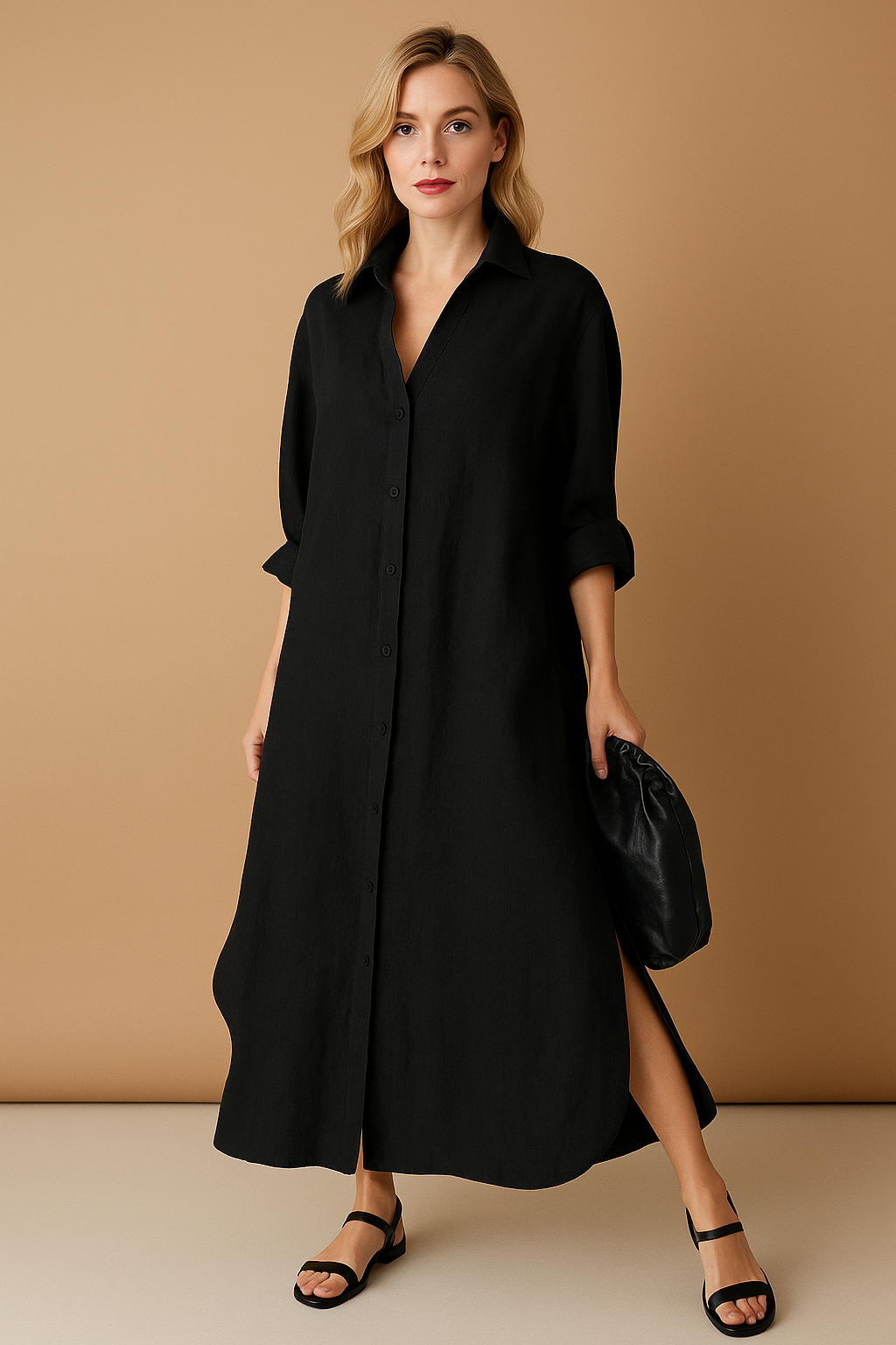 Women's Linen Blend Shirt Dress - Button-Down Long Sleeve Casual Fit