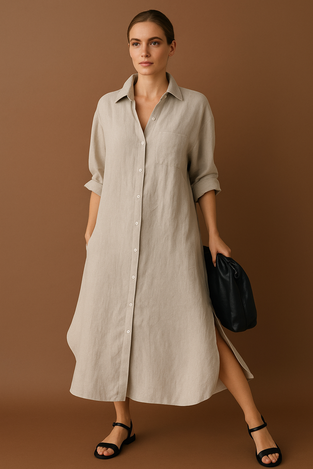 Women's Linen Blend Shirt Dress - Button-Down Long Sleeve Casual Fit