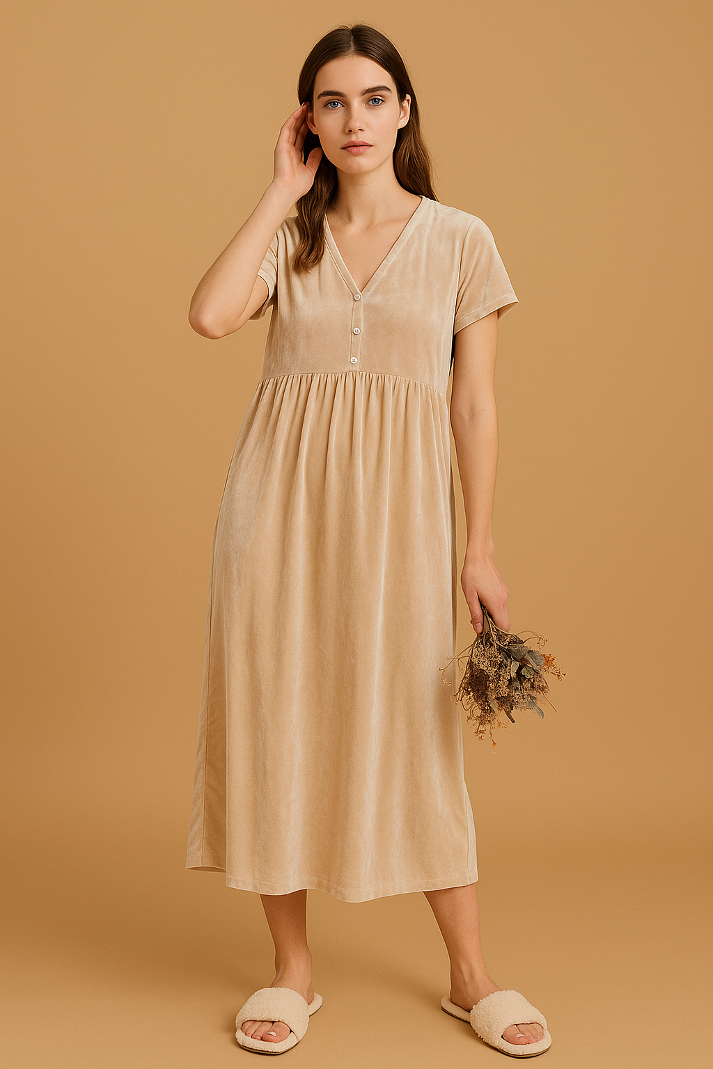 Women's Cotton Linen Midi Dress - Loose Fit V-Neck Short Sleeve Casual