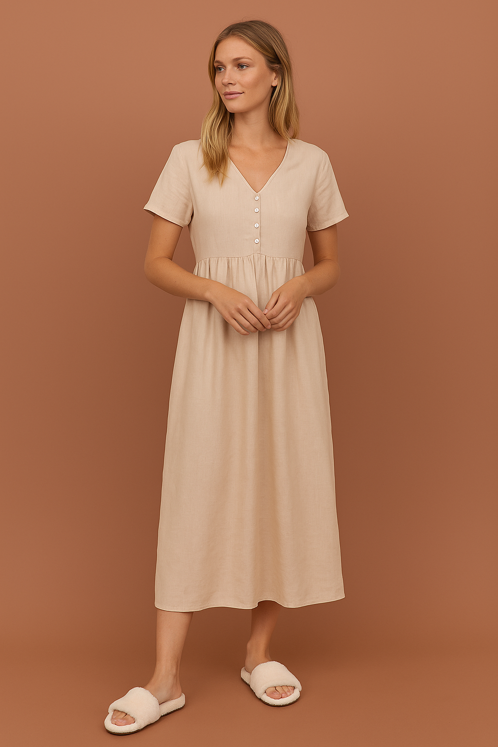 Women's Cotton Linen Midi Dress - Loose Fit V-Neck Short Sleeve Casual
