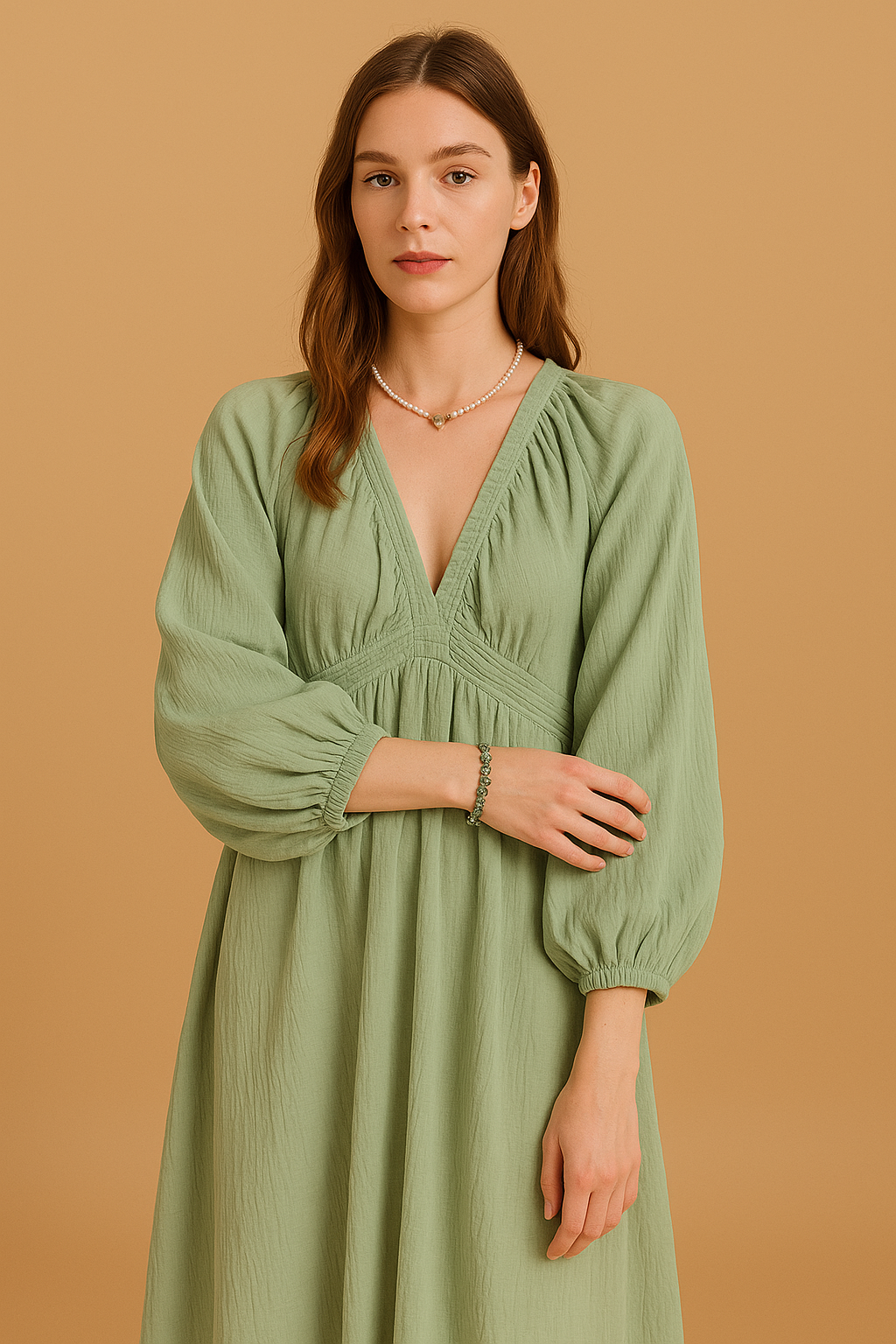 Women's Cotton Linen Short Dress - V-Neck Long Sleeve Relaxed Fit