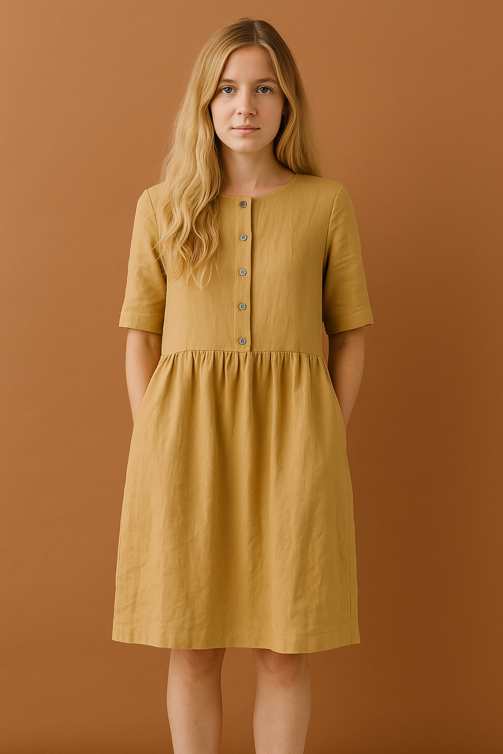 Women's Cotton Linen Midi Dress - Relaxed Fit Short Sleeve with Pockets &amp; Buttons
