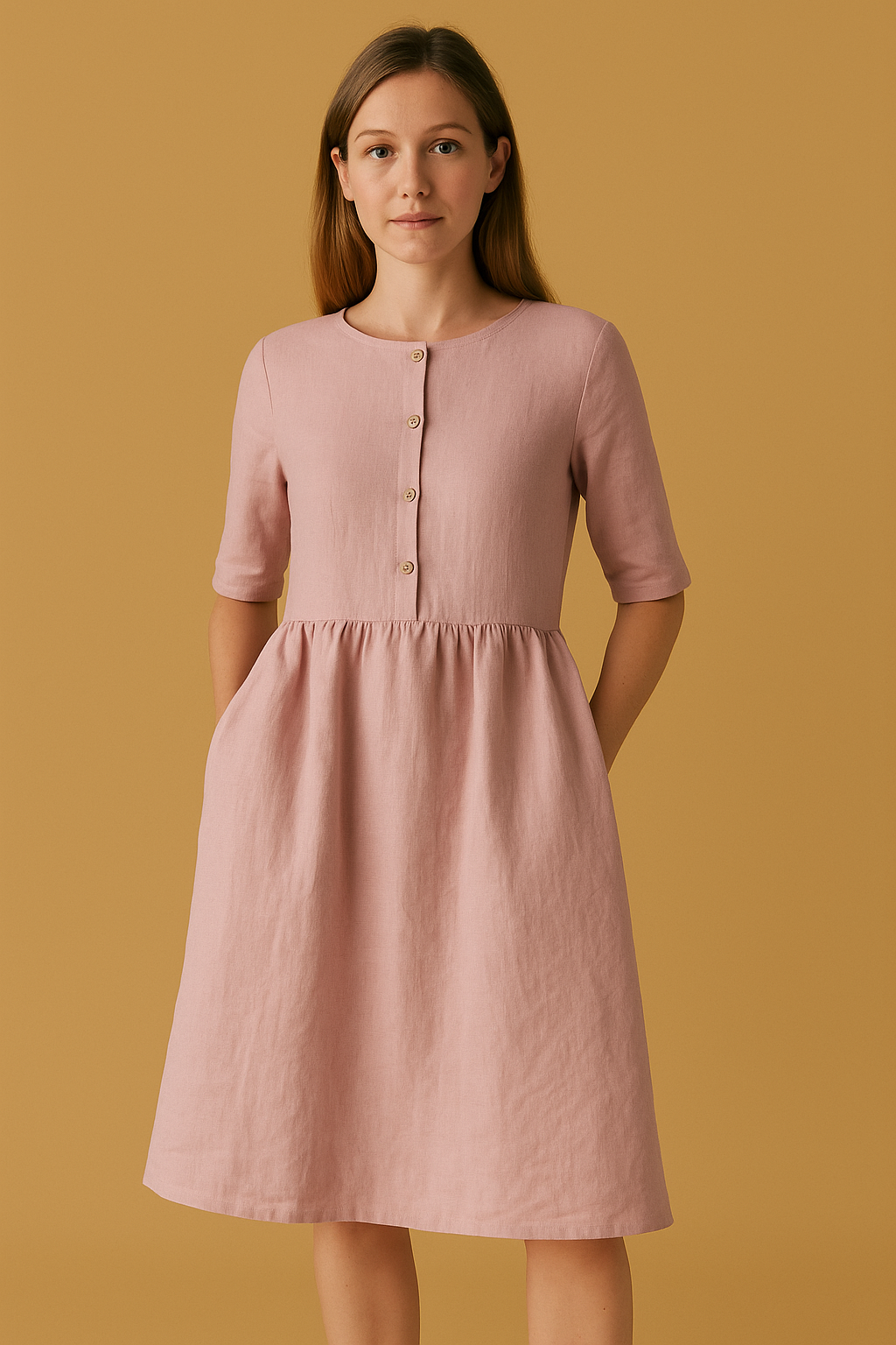 Women's Cotton Linen Midi Dress - Relaxed Fit Short Sleeve with Pockets &amp; Buttons