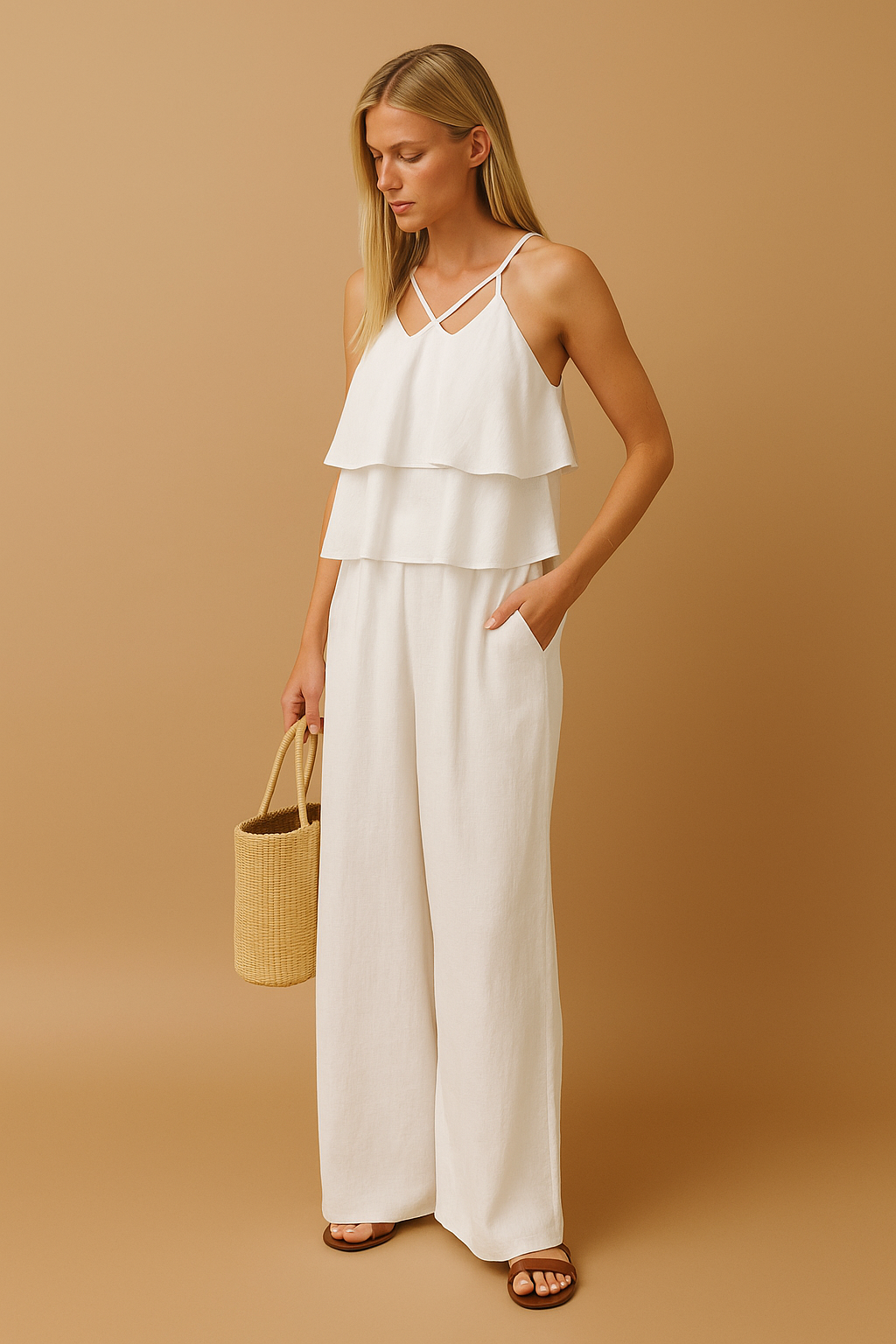 Women's Cotton Linen Two-Piece Set - Sleeveless Ruffle Top &amp; Wide-Leg High-Waisted Trousers