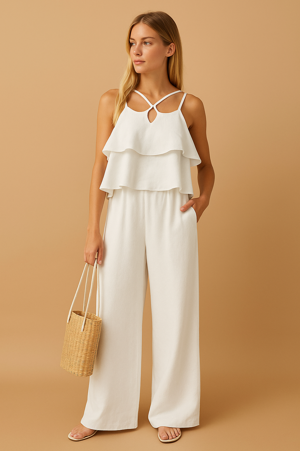 Women's Cotton Linen Two-Piece Set - Sleeveless Ruffle Top &amp; Wide-Leg High-Waisted Trousers