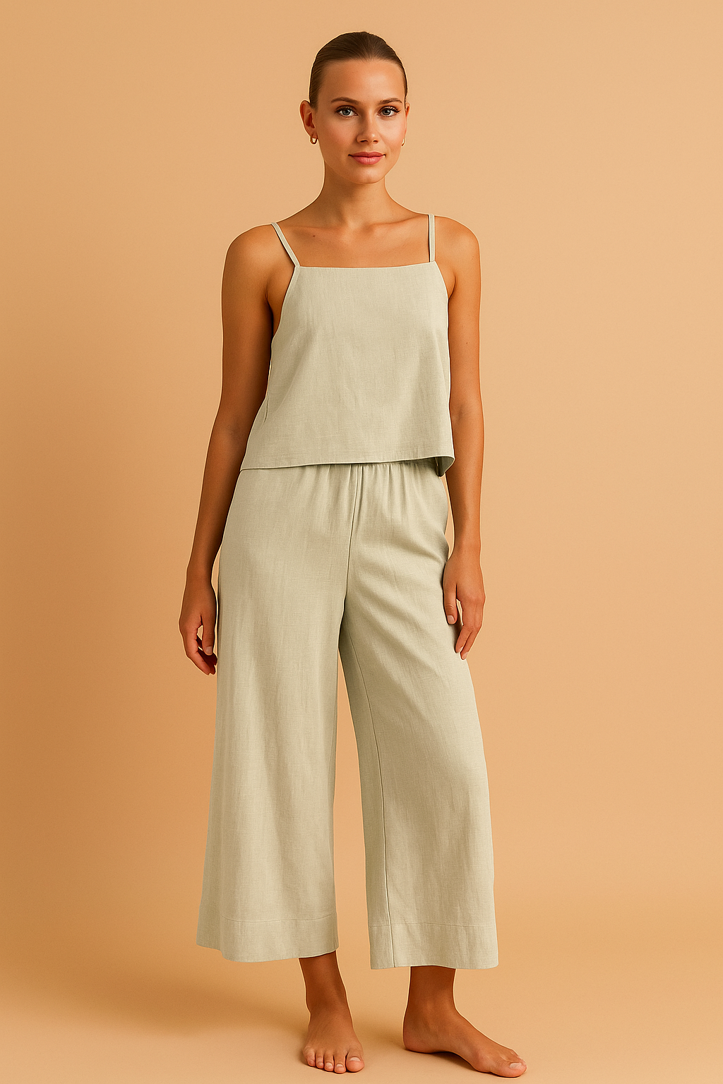 Women's Cotton Linen Matching Set - Spaghetti Strap Top &amp; Wide-Leg High-Waisted Trousers