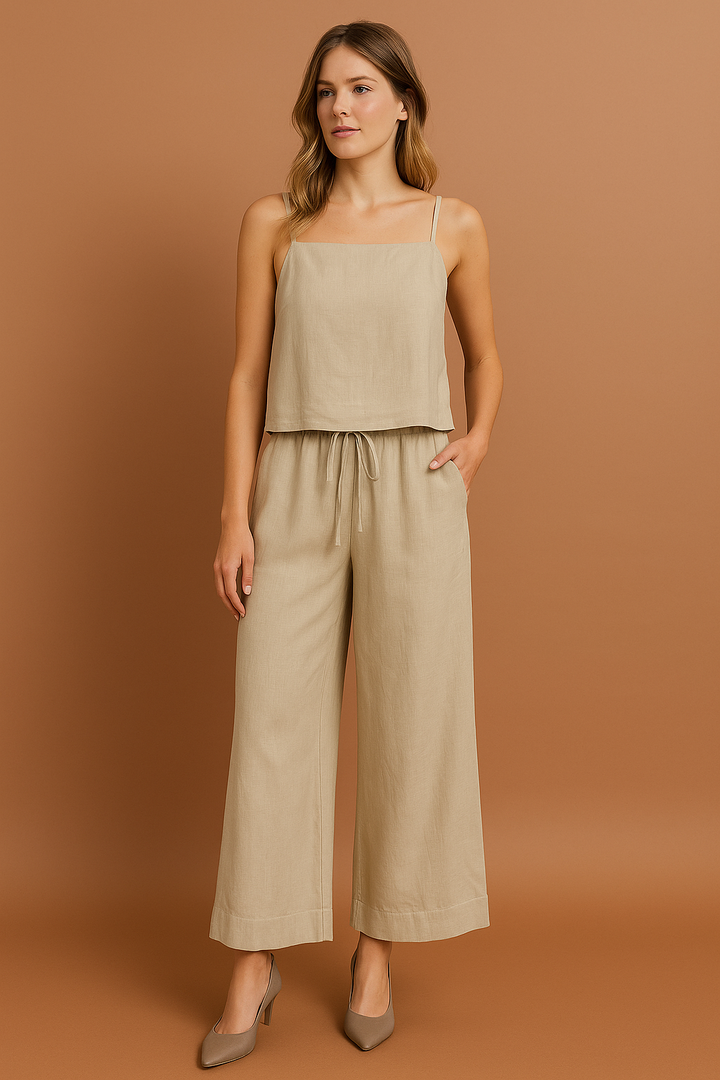 Women's Cotton Linen Matching Set - Spaghetti Strap Top &amp; Wide-Leg High-Waisted Trousers