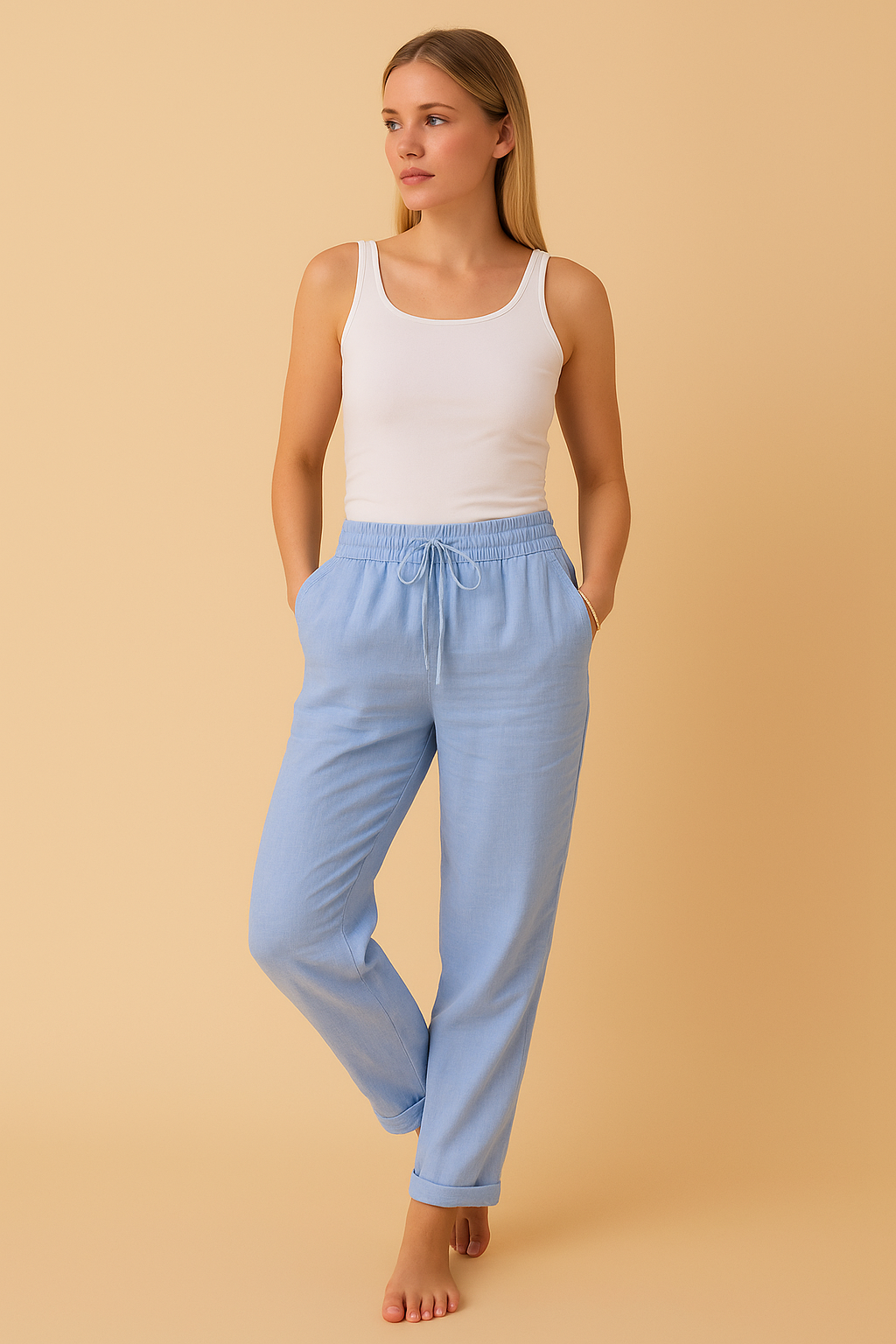 Women's Cotton Linen Relaxed-Fit Pants - Elastic Waist &amp; Drawstring for Casual Wear