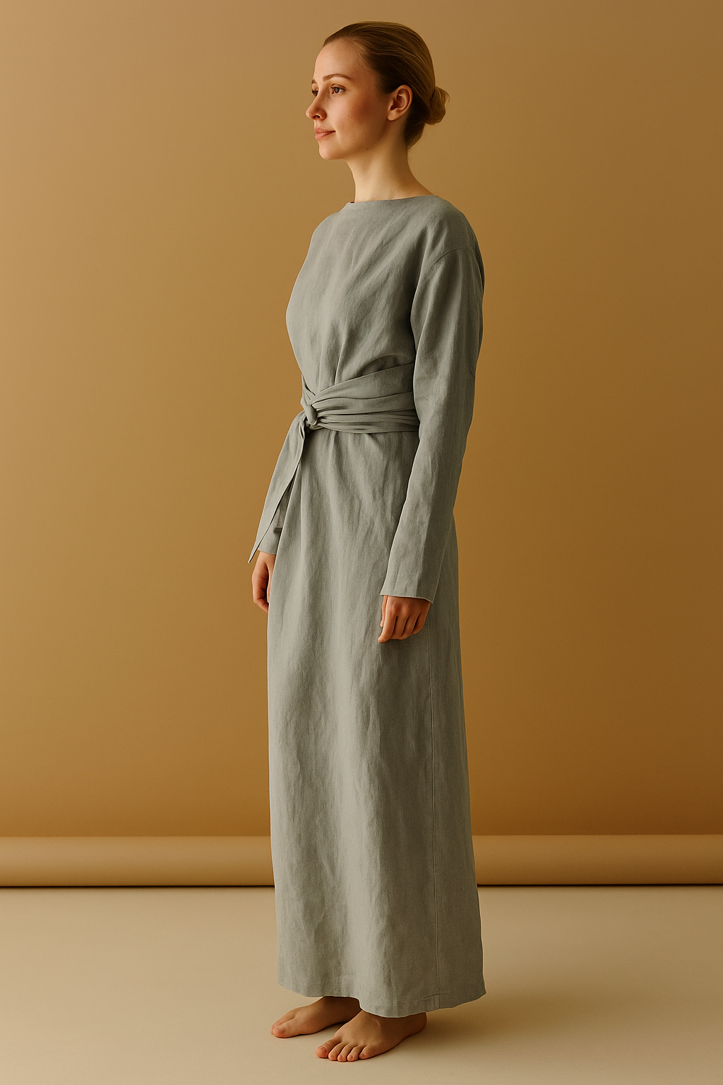 Women's Linen Maxi Dress - Long Sleeve Wrap Style
