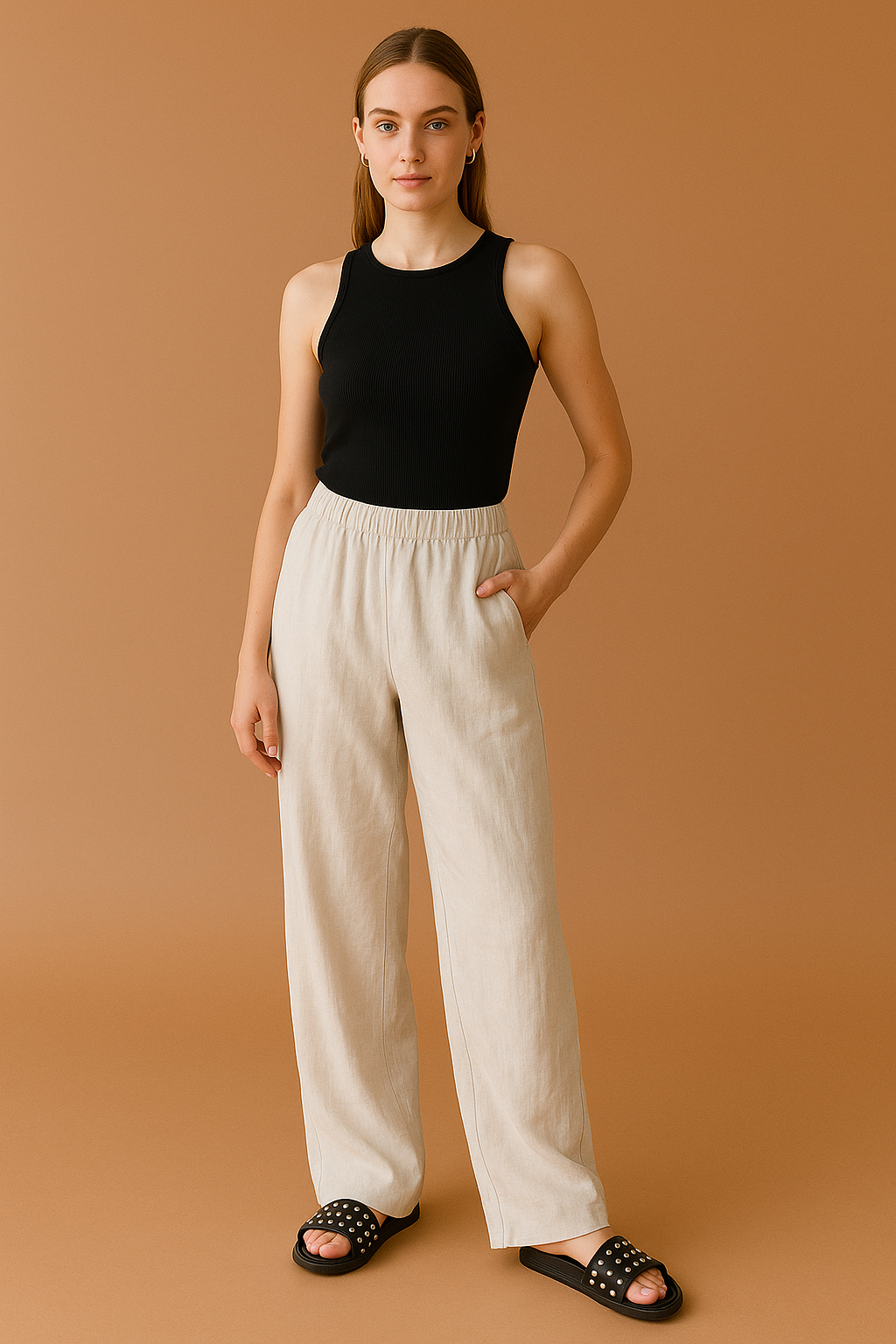 Women's Linen Wide-Leg Pants - Elastic Waist Lightweight Trousers