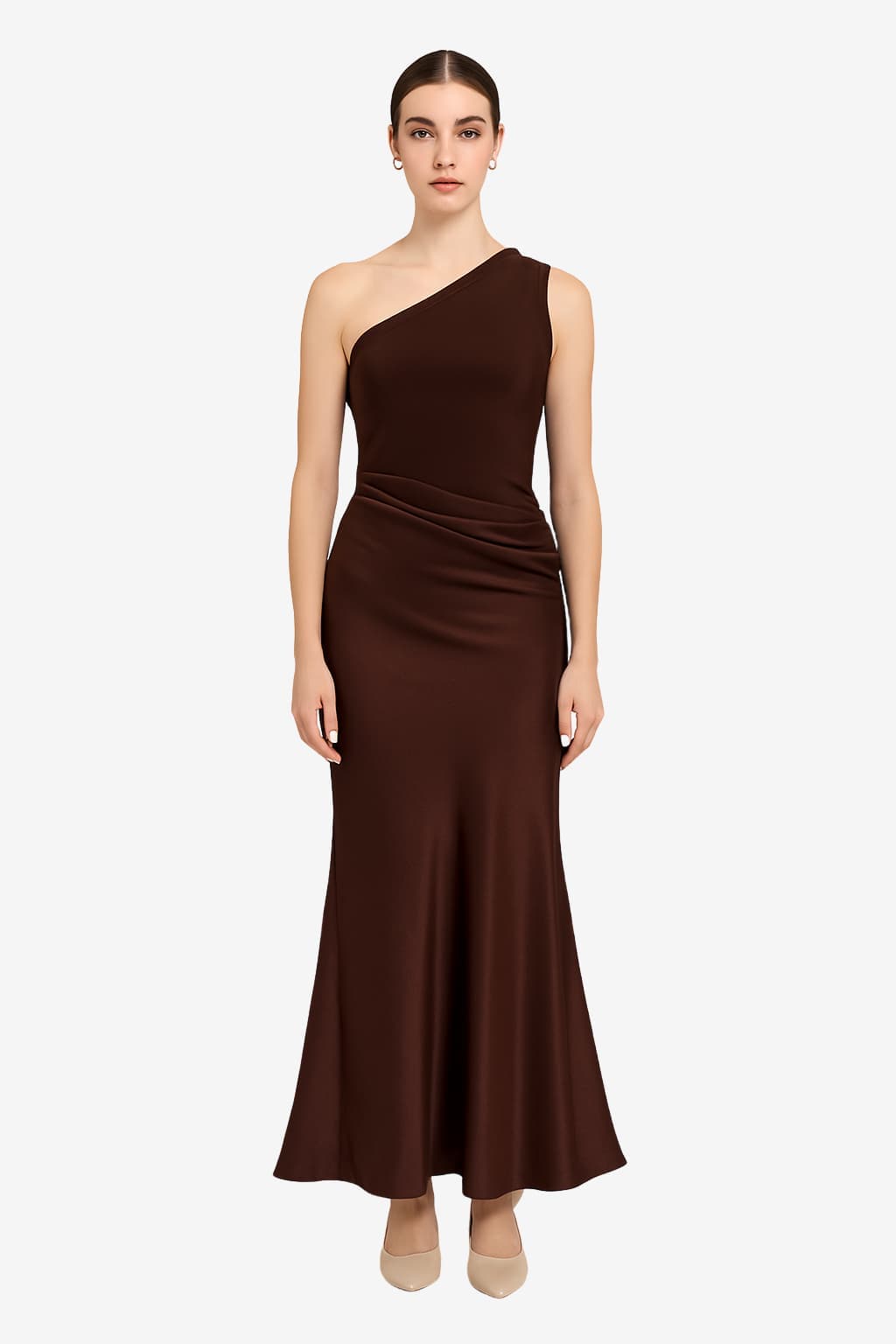Women's Brown One-Shoulder Fitted Maxi Evening Dress