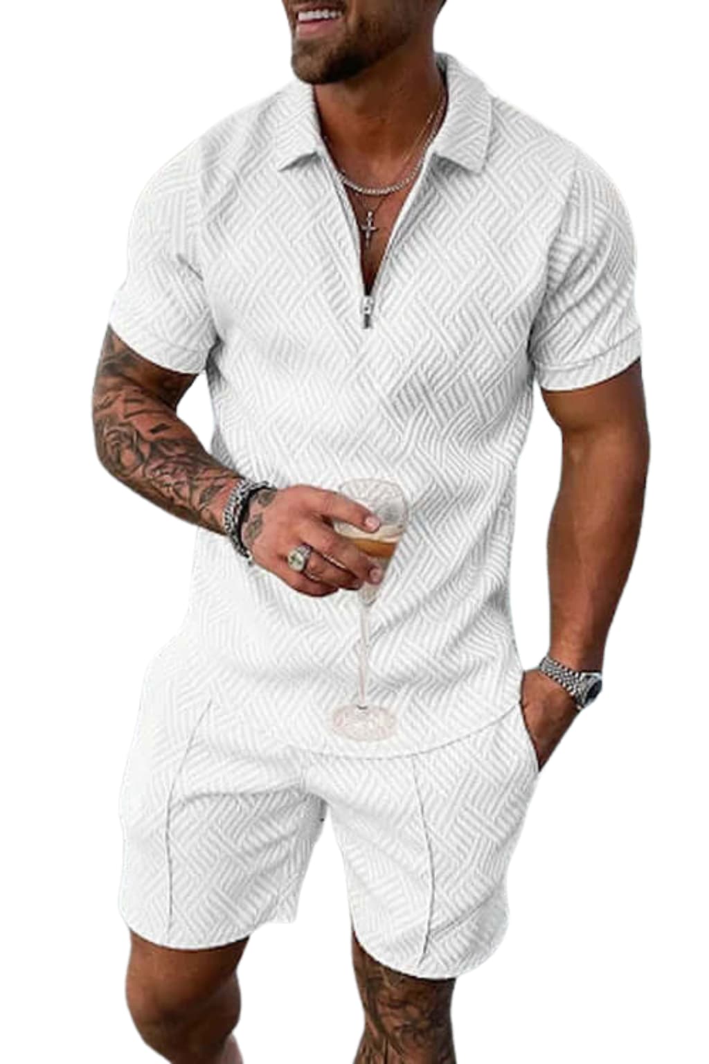 Men's Textured Slim Fit Polo Set - Zip Shirt &amp; Mid-Thigh Shorts