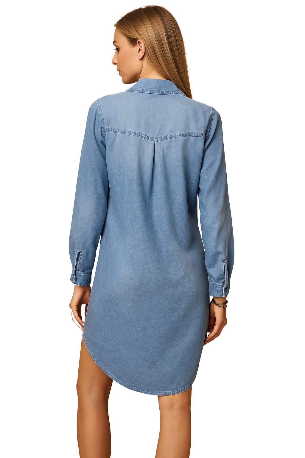 Women's Denim Shirt Dress Knee-Length Long Sleeve Button - Down