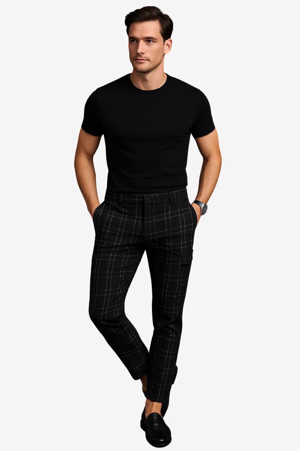Men's Slim Fit Plaid Ankle Trousers - Smart Casual Woven Fabric