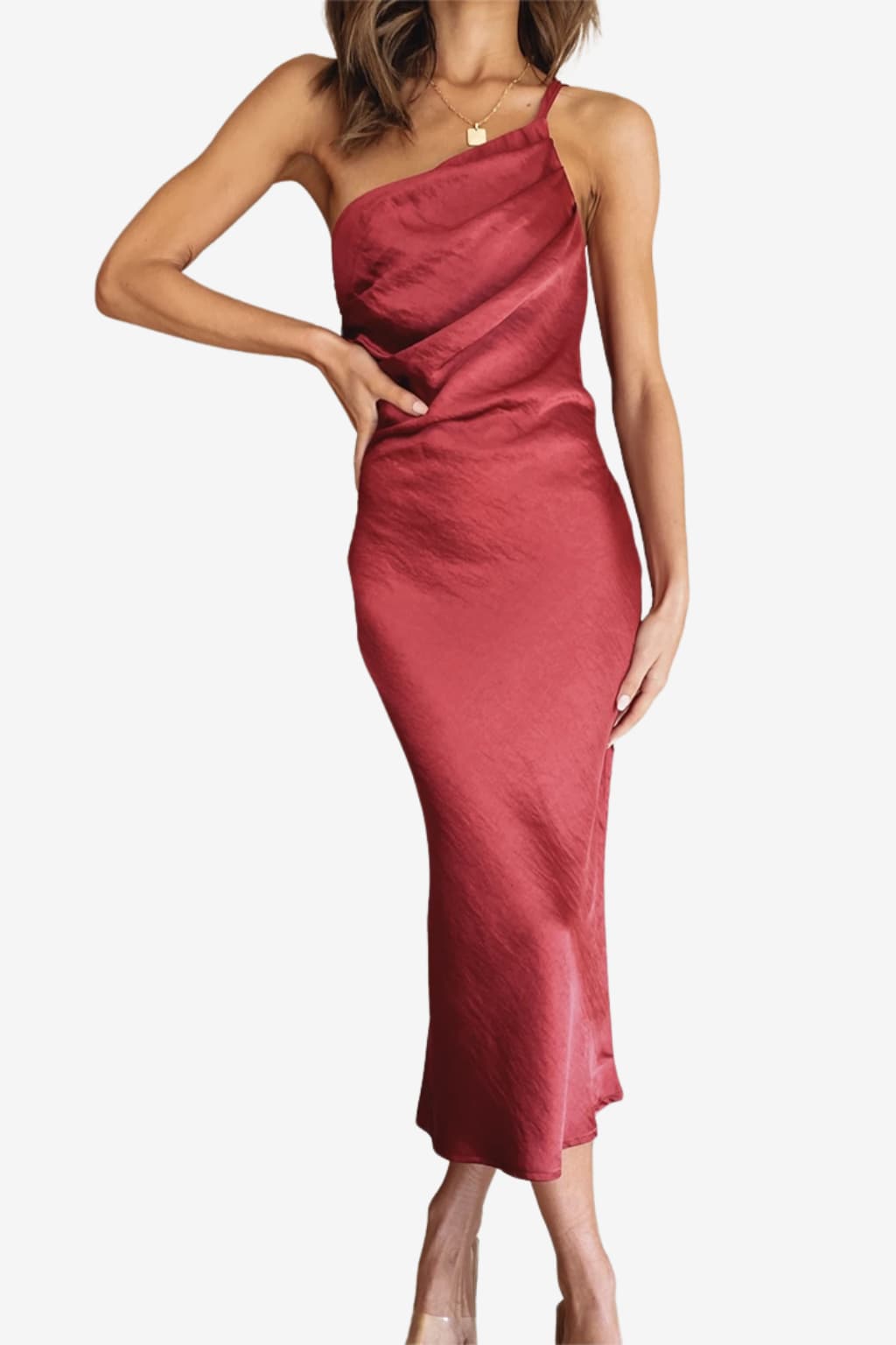 Women's One-Shoulder Midi Dress in Emerald Satin