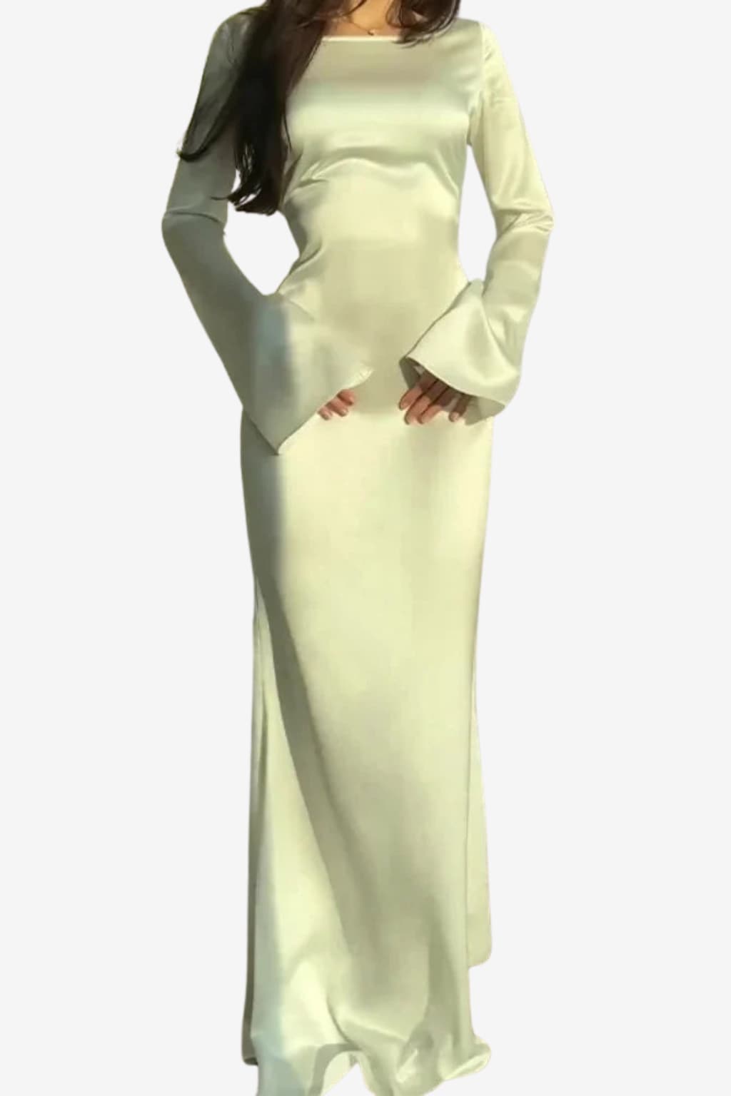 Women's Satin Evening Dress with Flared Sleeves, Maxi Length