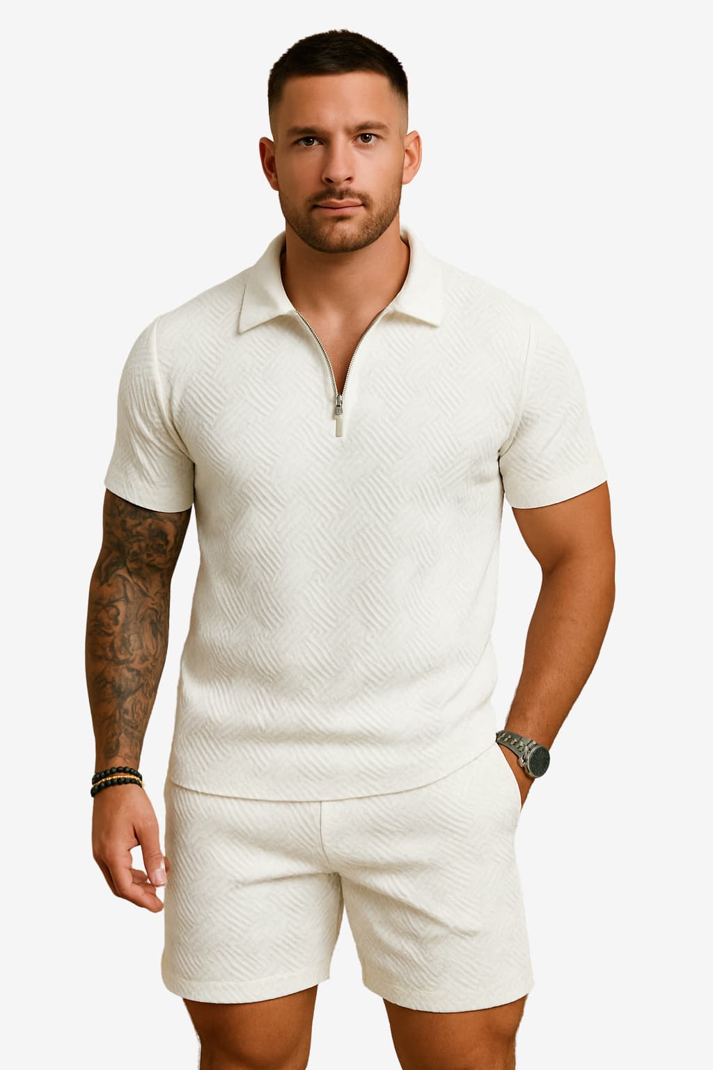 Men's Textured Slim Fit Polo Set - Zip Shirt &amp; Mid-Thigh Shorts