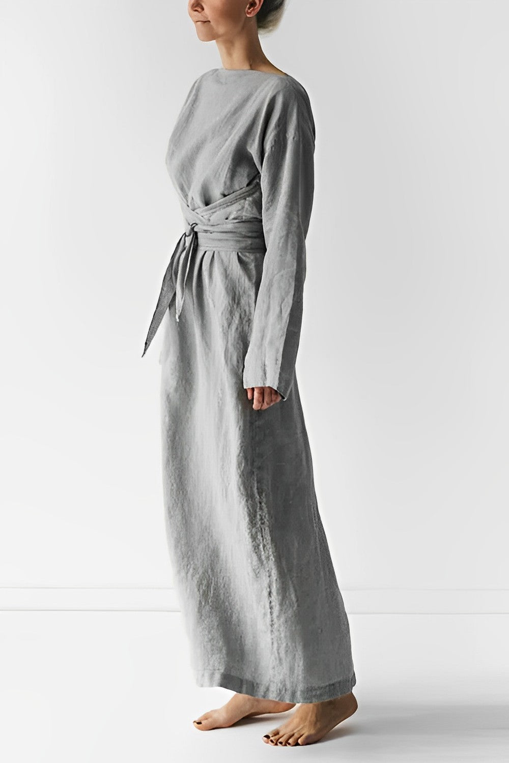Women's Linen Maxi Dress - Long Sleeve Wrap Style
