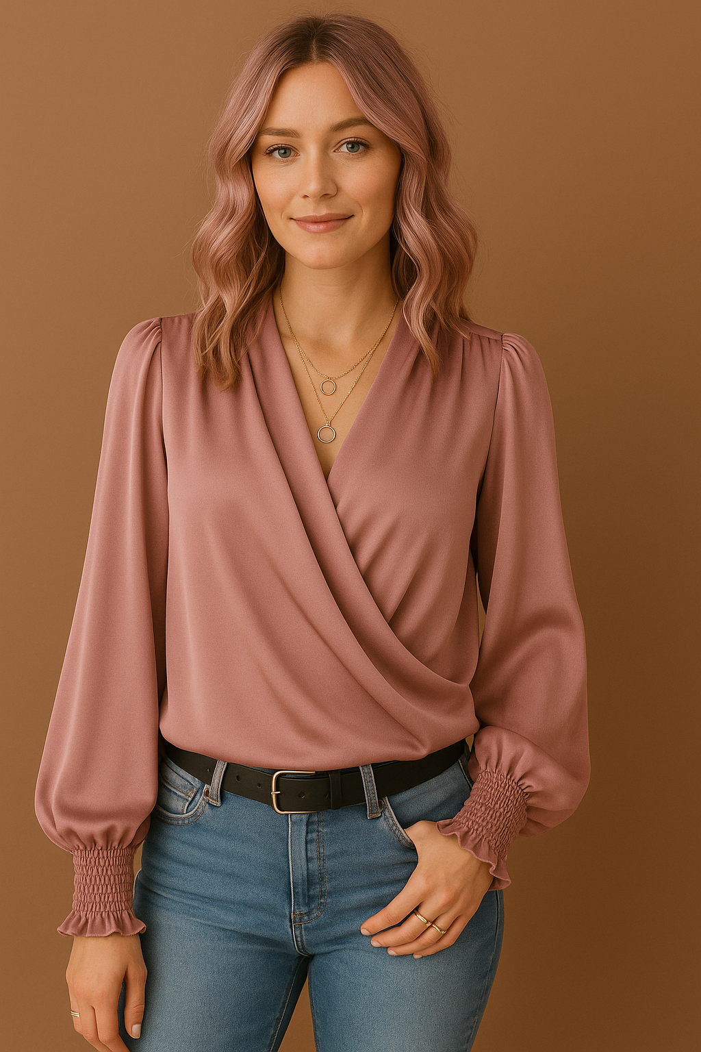 Women's Long-Sleeve Wrap Blouse - Elegant and Versatile